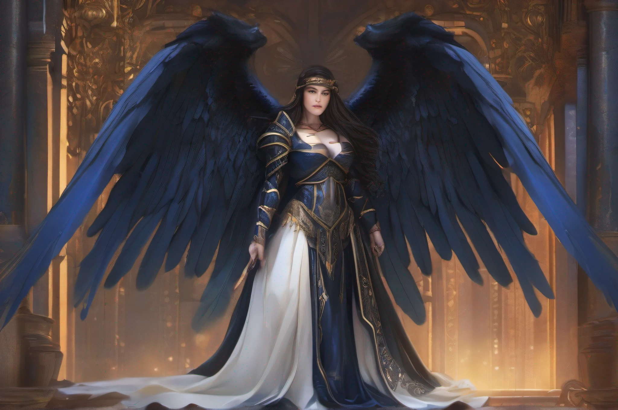 A dark-haired female pretty cleric with a pair of majestic black angel wings, draped in ornate robes of midnight blue.