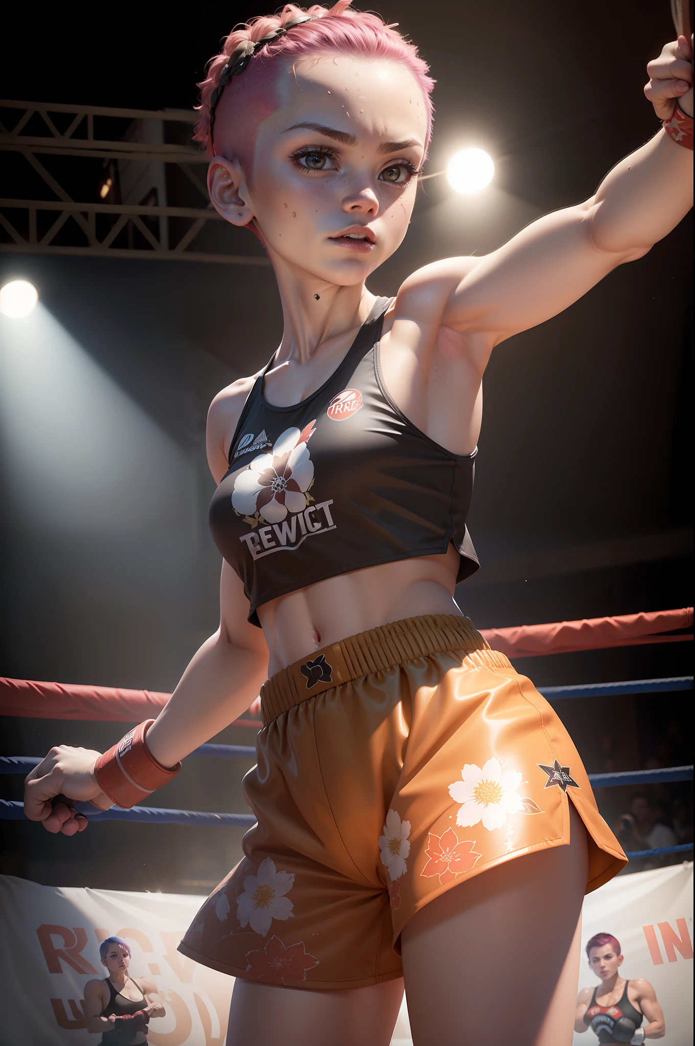 Best Quality, Very elaborate CG Unity 8K wallpapers, Boxer, (Photorealsitic:2), 超A high resolution, Highly detailed, A hyper-realistic, 1girl in, (Boxing gloves), Floral pattern, colourfull_Head_hair、(((very_Short_Head_hair))), Short hair, Full Shot, Looking at Viewer, ((boxing Ring)), Bright atmosphere, spot light, Detailed background