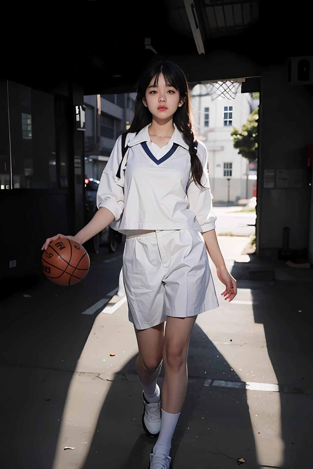 Allard woman in uniform walks with a basketball in her hand, White uniform, Sporty, wearing basketball jersey, in school uniform, ulzzangs, loose coat collar sailor uniform, girl in uniform, She is seen wearing streetwear pieces, in school uniform, wearing white clothes, Japanese school uniform, white trendy clothes, Sailor uniform, school uniform, magic uniform university