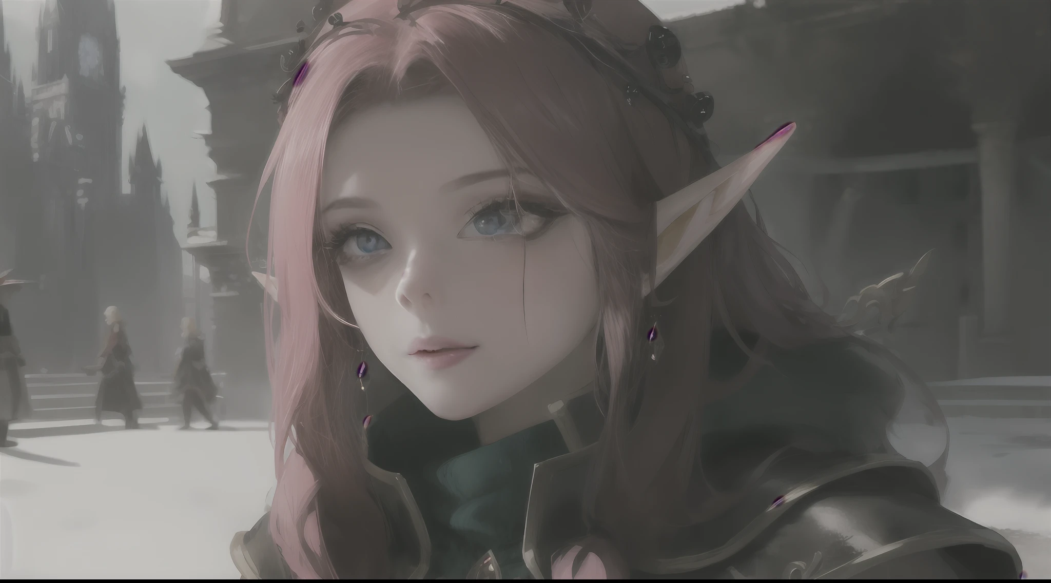 "Very excited expression, captivating eyes accentuated with dark mascara, perfectly coordinated pink lips, delicately elongated ears resembling those of an enchanting elf."