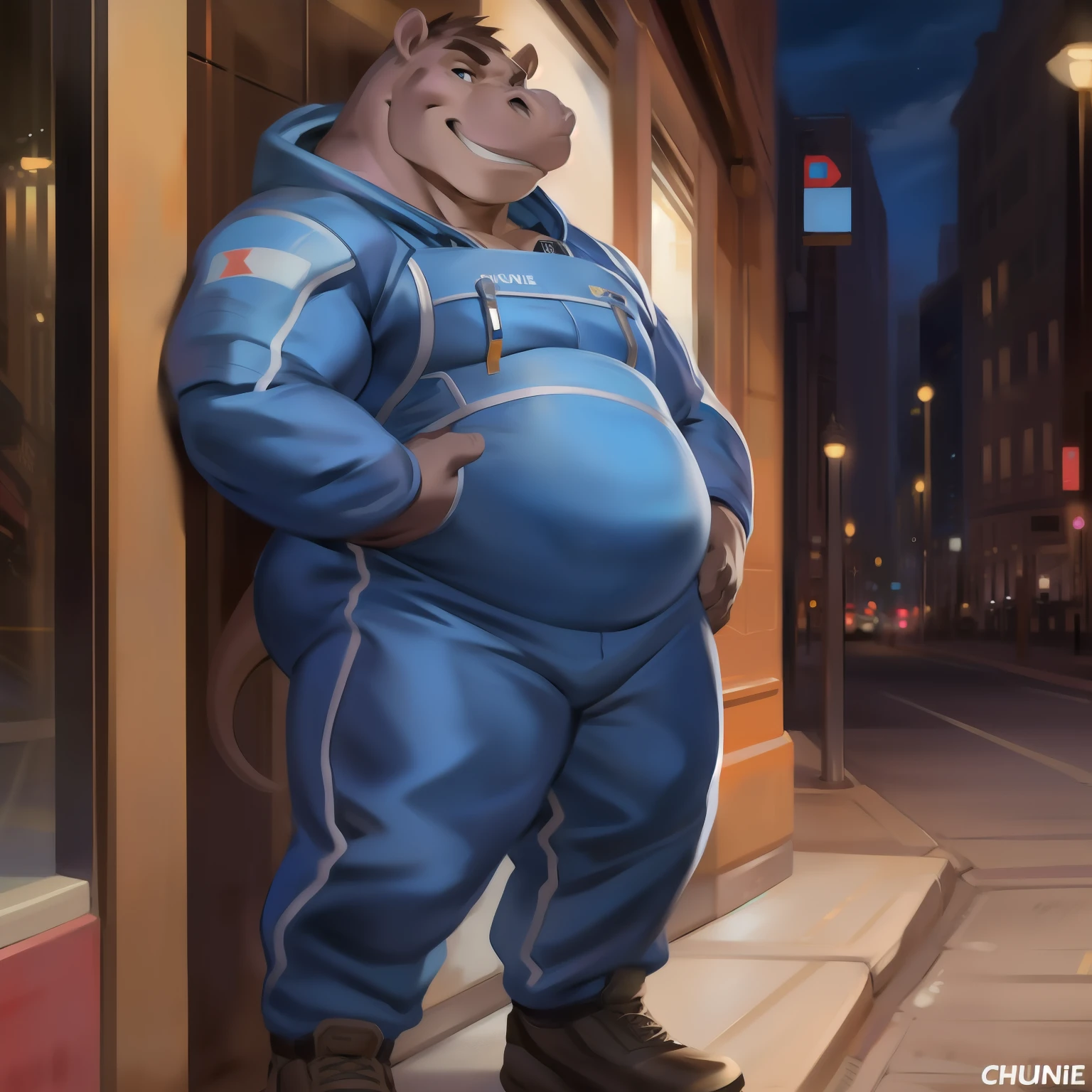 Solo, male, standing, street, hippo, blue military spacesuit, overweight, muscular, smirking, by chunie