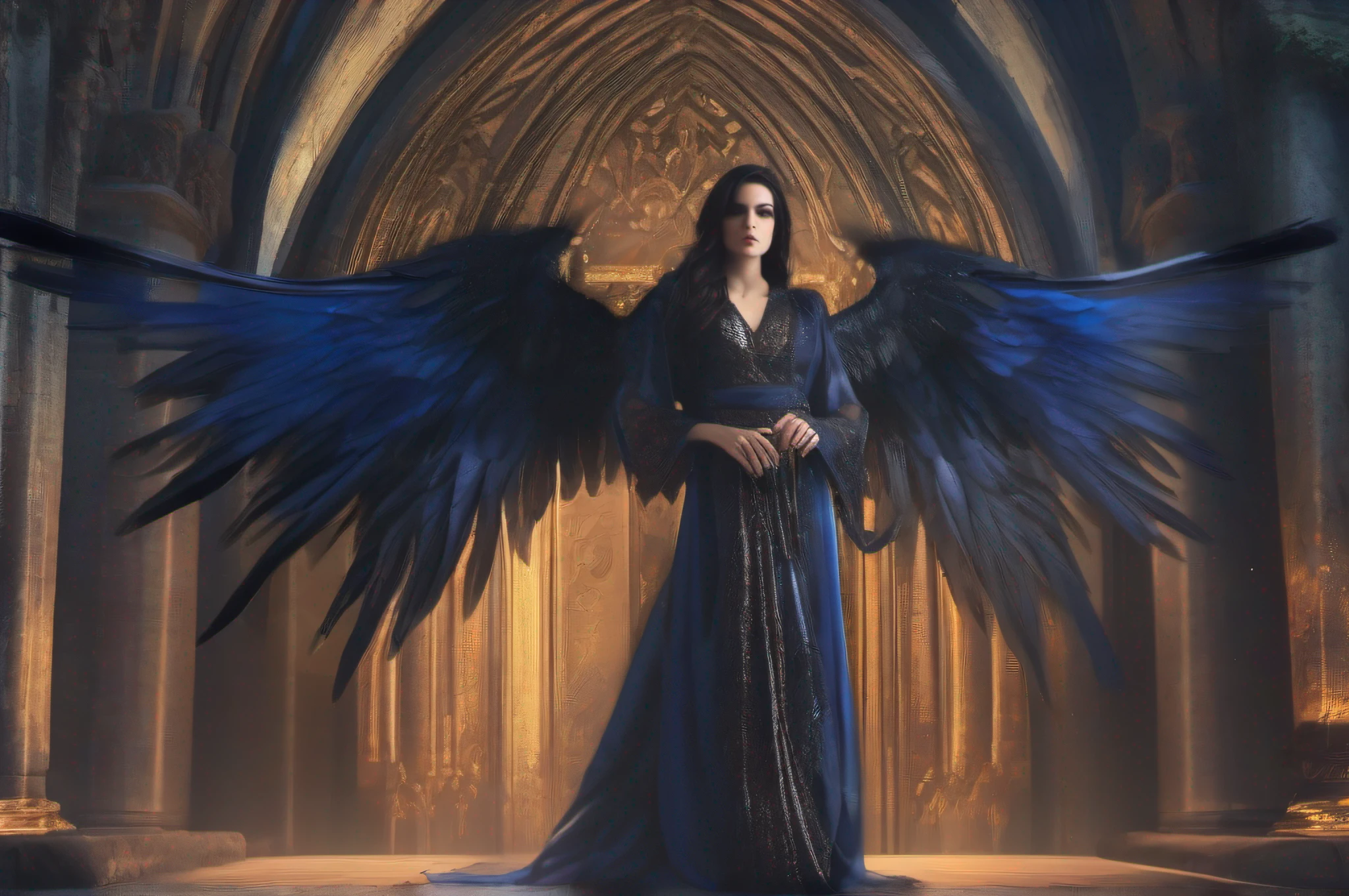 A dark-haired female pretty cleric with a pair of majestic black angel wings, draped in ornate robes of midnight blue.