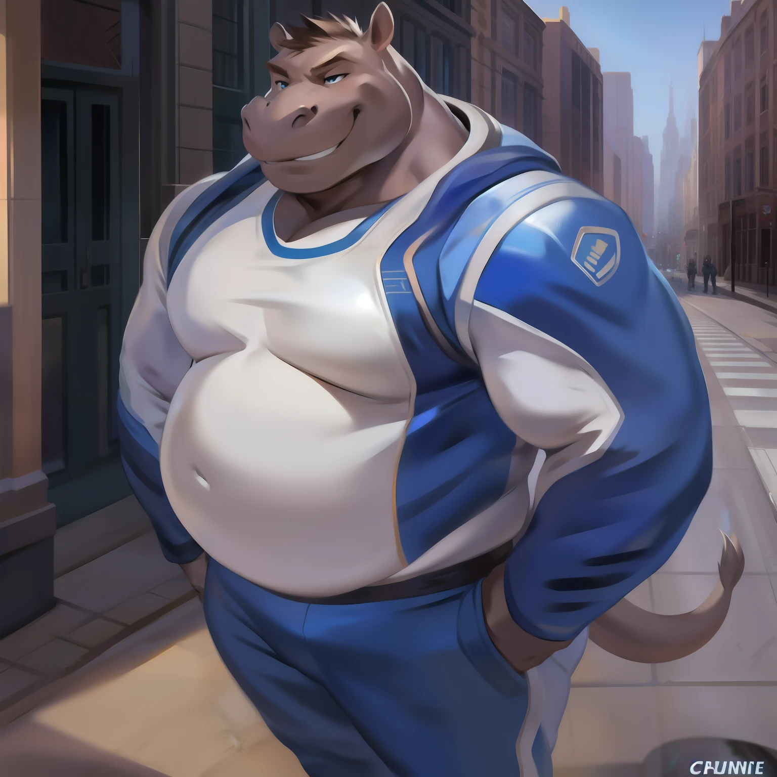 Solo, male, standing, street, hippo, blue military spacesuit, overweight, muscular, smirking, by chunie