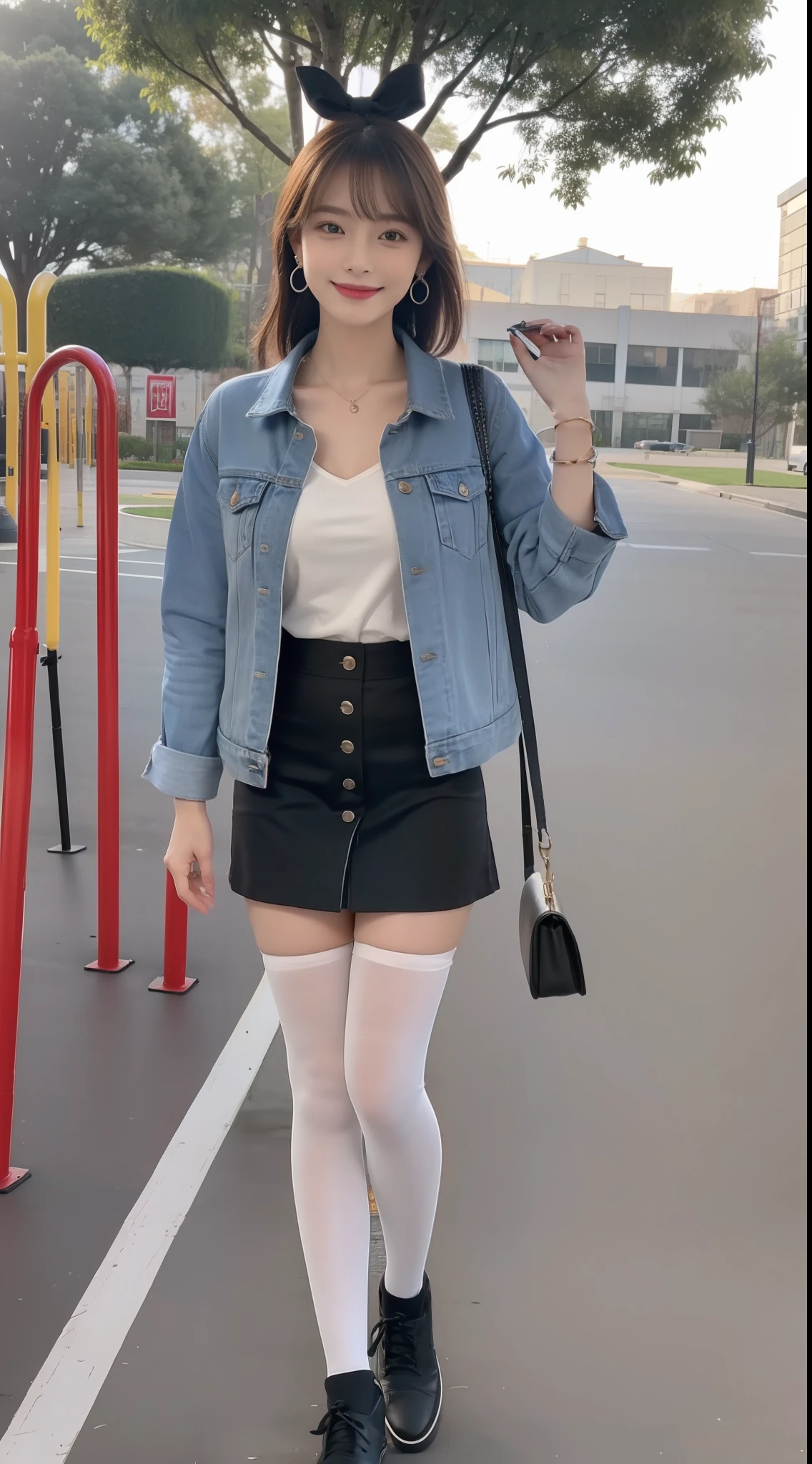 (Smiling female teacher 1.5),(true to life,Photorealistic 1.5),((best qualtiy, 8K, tmasterpiece:1.3)),SLR camera (二重まぶた,largeeyes:1.3),(smile1.5),(Full body photo 1.5)(One person 1.5)Clear focus 1.2, Perfect body beauty:1.4 , Delicate skin1.1,(Short silver-white hair 1.6),(Bangs 1.4),(Pure desire 1.3)(Black pantyhose 1.5)(The leg length is one meter two,1.5),camisole,Denim jacket,Bow knot,pleatedskirt,Slender legs,canvas shoe,With earrings,Wristband jade bracelet,School playground