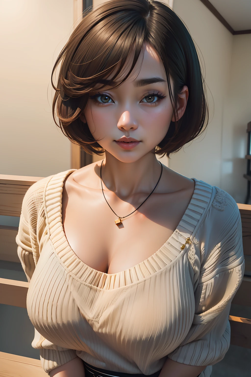 (Best quality, 8k, 32k, Masterpiece, UHD:1.2),Photo of Pretty Japanese woman, large breasts, very short bob hair,upper body,face focus,oversized_sweater, necklace, simple background, from above, looking at viewer,