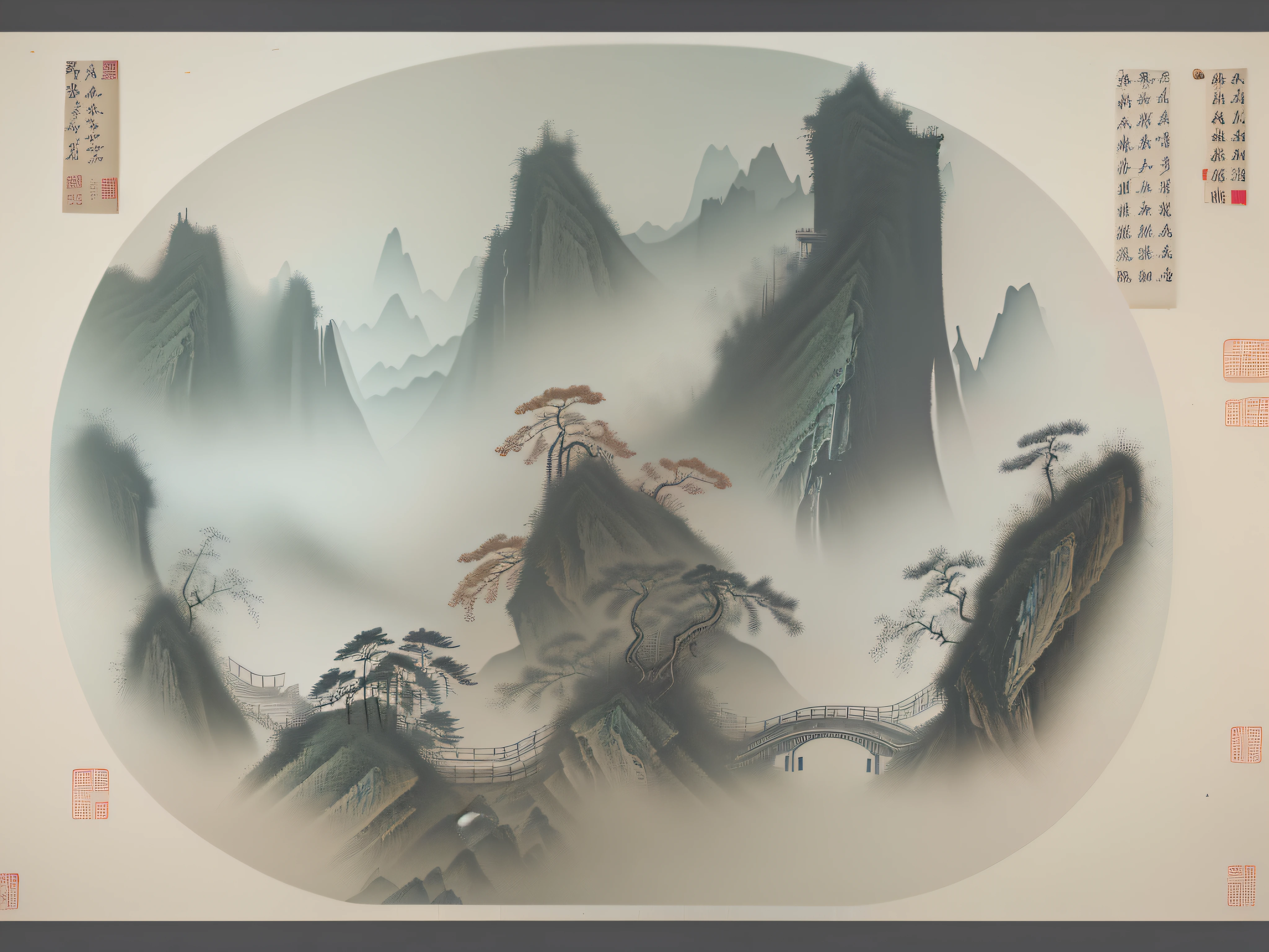 Painting on walls with lakes and mountains, Chinese feng shui painting, Trend of CGsociety, streetart, painted on a giant wall, powerful painting, dramatic artwork, incredible painting, Beautifully painted, mural art, artist unknown, hand painted style, Detailed scenery —width 672, 8K)), scenery art detailed