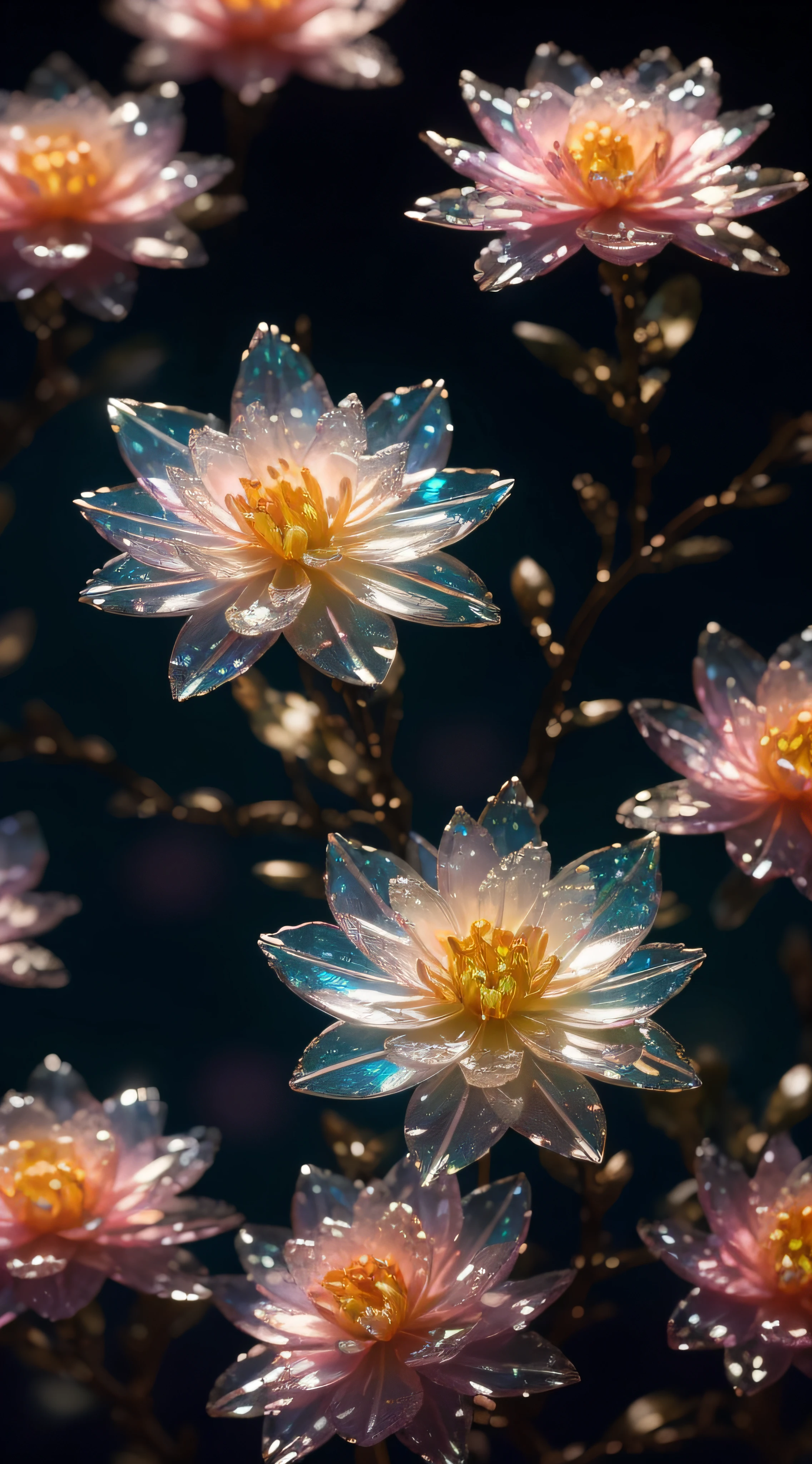 crystal spring blossom,
fantasy, galaxy, transparent, 
shimmering, sparkling, splendid, colorful, 
magical photography, dramatic lighting, photo realism, ultra-detailed, 4k, Depth of field, High-resolution