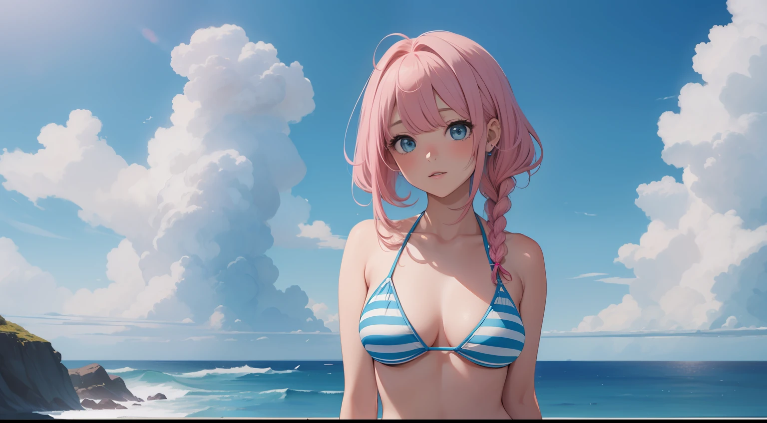 Ridiculous resolution, A high resolution, (masterpiece:1.4), 1girll，Bust photo，A pink-haired，By bangs，one side braids，Blue and white striped bikini，ultra - detailed, cloudless sky，the sea，baiyun，the space, afloat