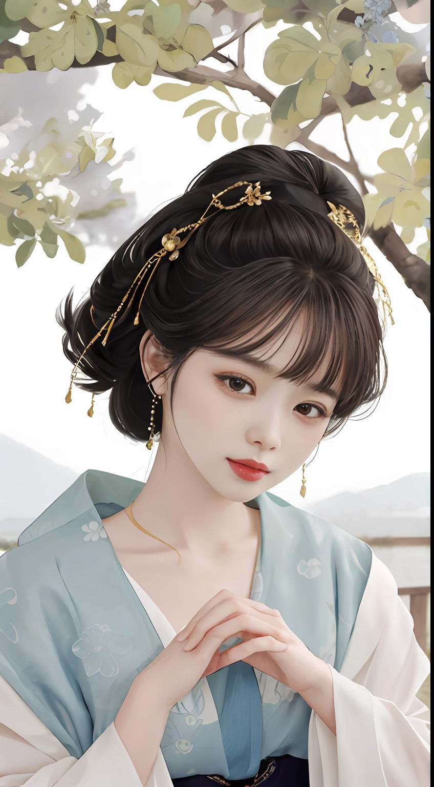 An ancient Chinese beauty standing by the river,中景 the scene is,Wear ancient Chinese clothing,Flowing tulle silk,(Detailed and perfect facial details),(Beautiful and affectionate eyes),Flowing silky hair,Pavilion,the trees,Flying birds,The vista is mountains,Ink painting style,Clean colors,Decisive cut,Leave white space,impressionistic,tmasterpiece,(8k wallpaper),(Extremely meticulous and perfectly detailed painting),Epic composition,high high quality,HighestQuali,Master works of painting,realisticlying,Inspired by:《Suzhou Garden》,RAY rendition