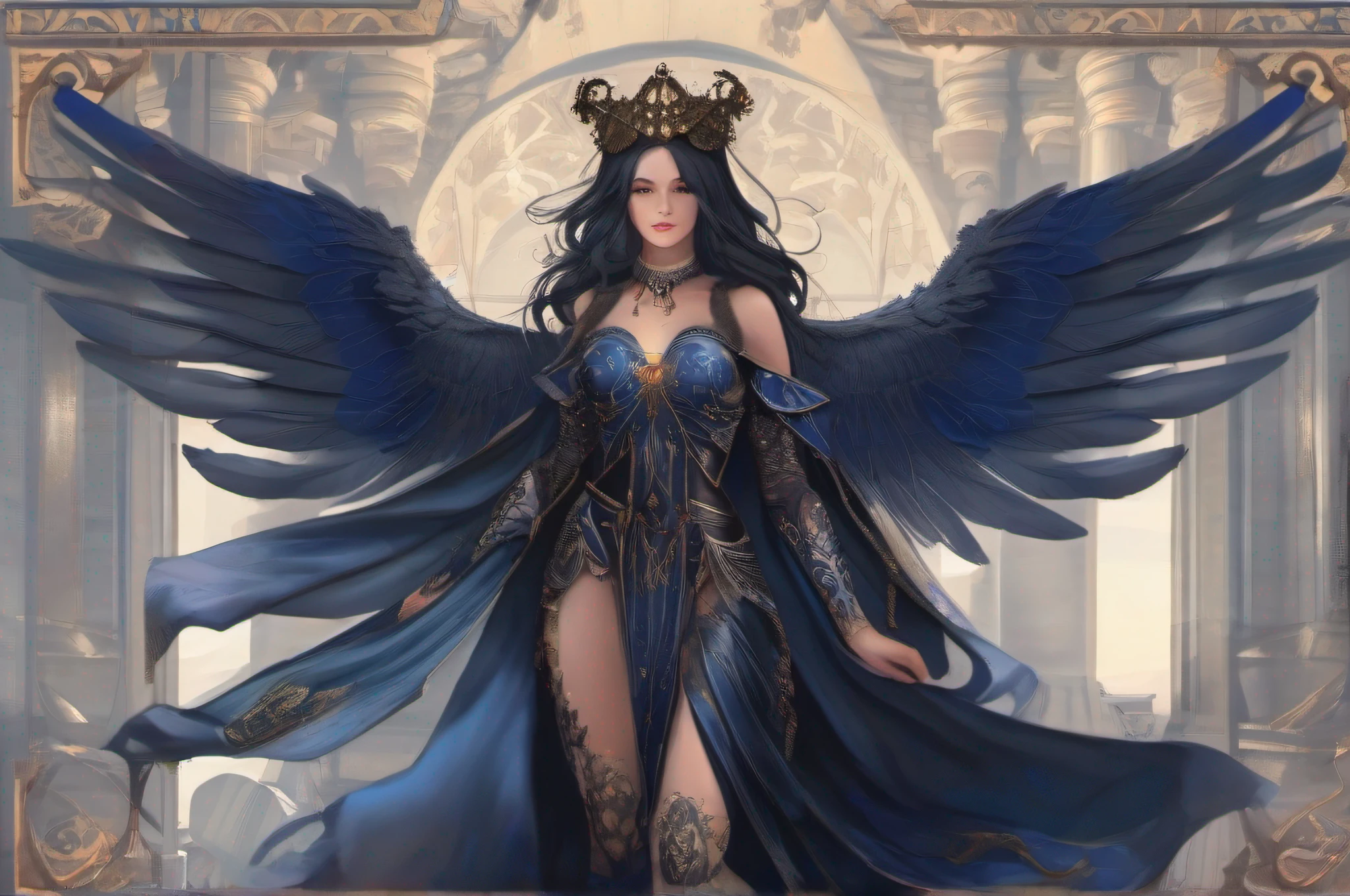 A dark-haired female pretty cleric with a pair of majestic black angel wings, draped in ornate robes of midnight blue.