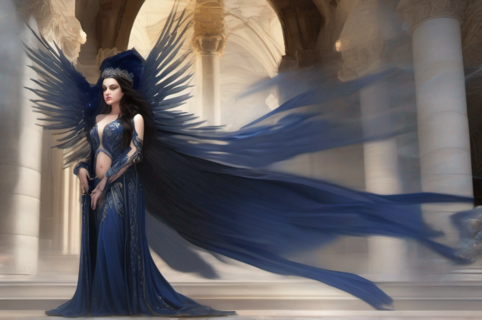 A dark-haired female pretty cleric nude with a pair of majestic black angel wings, draped in ornate robes of midnight blue.