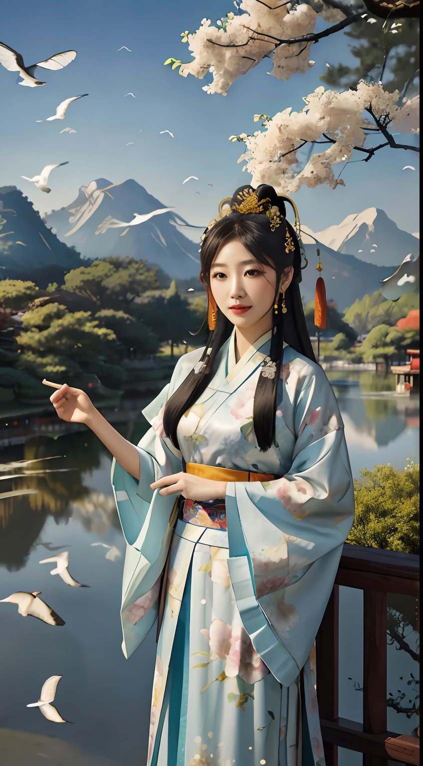 An ancient Chinese beauty standing by the river，中景 the scene is，Wear ancient Chinese clothing，Flowing tulle silk，（Detailed and perfect facial details），（Beautiful and affectionate eyes），Flowing silky hair，Pavilion，the trees，Flying birds，The vista is mountains，Ink painting style，Clean colors，Decisive cut，Leave white space，impressionistic，tmasterpiece，（8k wallpaper），（Extremely meticulous and perfectly detailed painting），Epic composition，high high quality，HighestQuali，Master works of painting，realisticlying，Inspired by：《Suzhou Garden》，RAY rendition