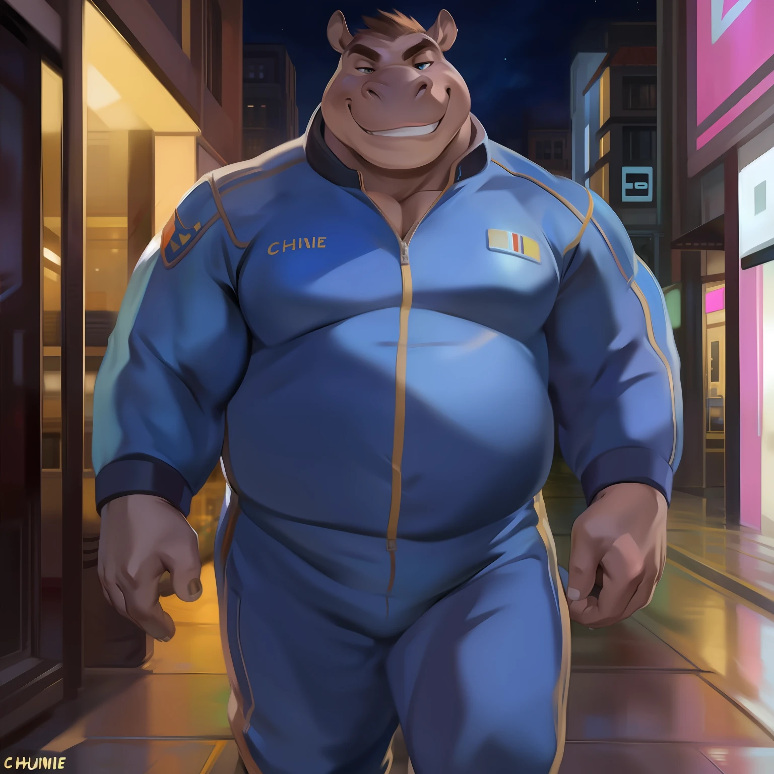 Solo, male, standing, street, hippo, blue military spacesuit, overweight, muscular, smirking, by chunie