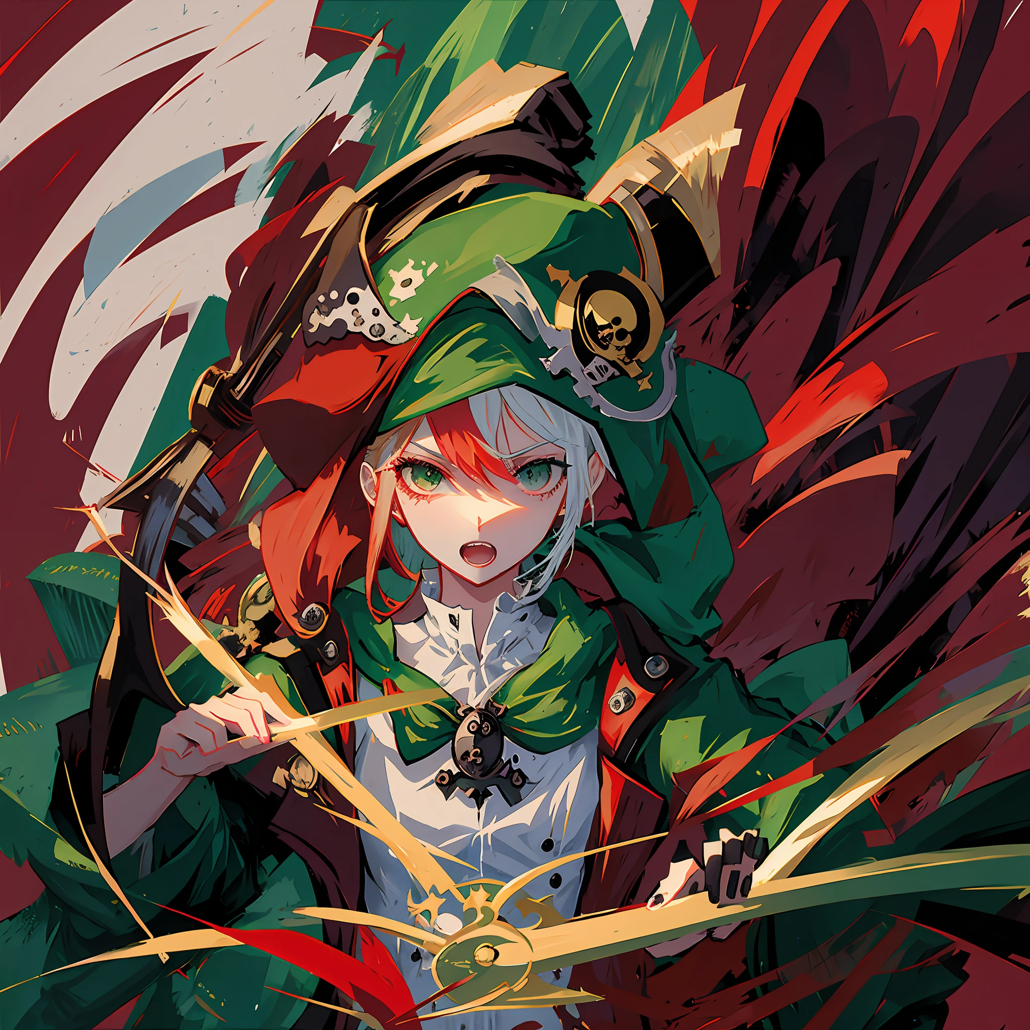 Anime characters with green eyes and hats, [[[[grinning evily]]]], a pirate, , Vampires, pirate, ((Red)) baggy eyes, pirate portrait, zerochan art, guilty gear art style, gungrave, portrait of a bloodborne hunter, swashbuckler class pirate, zerochan，redheadwear，Anime girls，Pirate captain，Pirate hat，Shark teeth