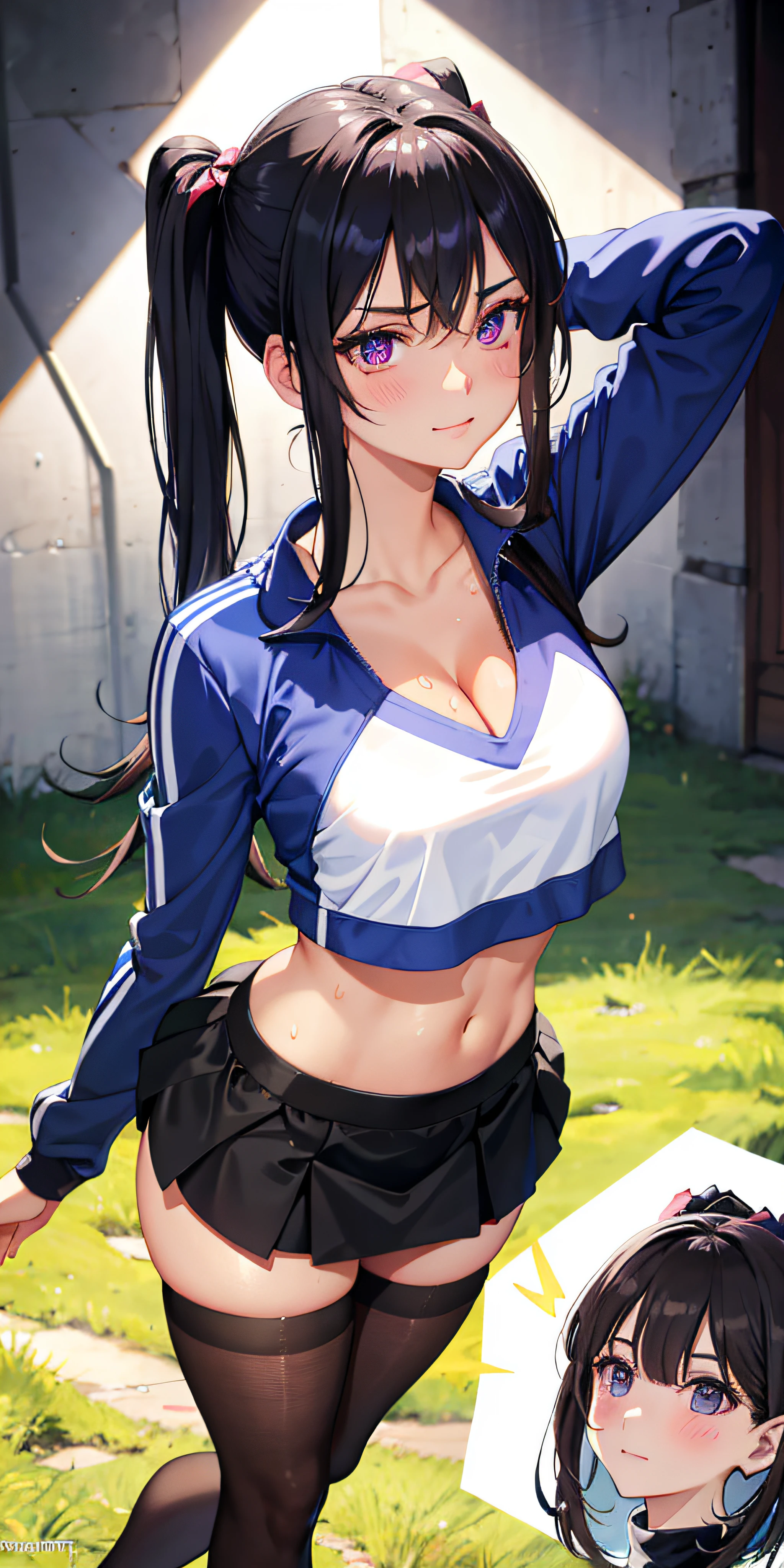 realisticlying,1girll,pony tails,harelip,Blushlush,putting makeup on,Light smile,whaite hair,track suit,Superskirt,wetclothes,with light glowing,upper legs,Purple eye,Bare shoulders,鎖骨,a narrow waist,rays of sunshine,rays of sunshine,rosette,ventania,cleavage, (tmasterpiece), sweat leggs,black lence stockings,heart - shaped pupils,Reddened complexion,Seduction pose,Desire for sex,