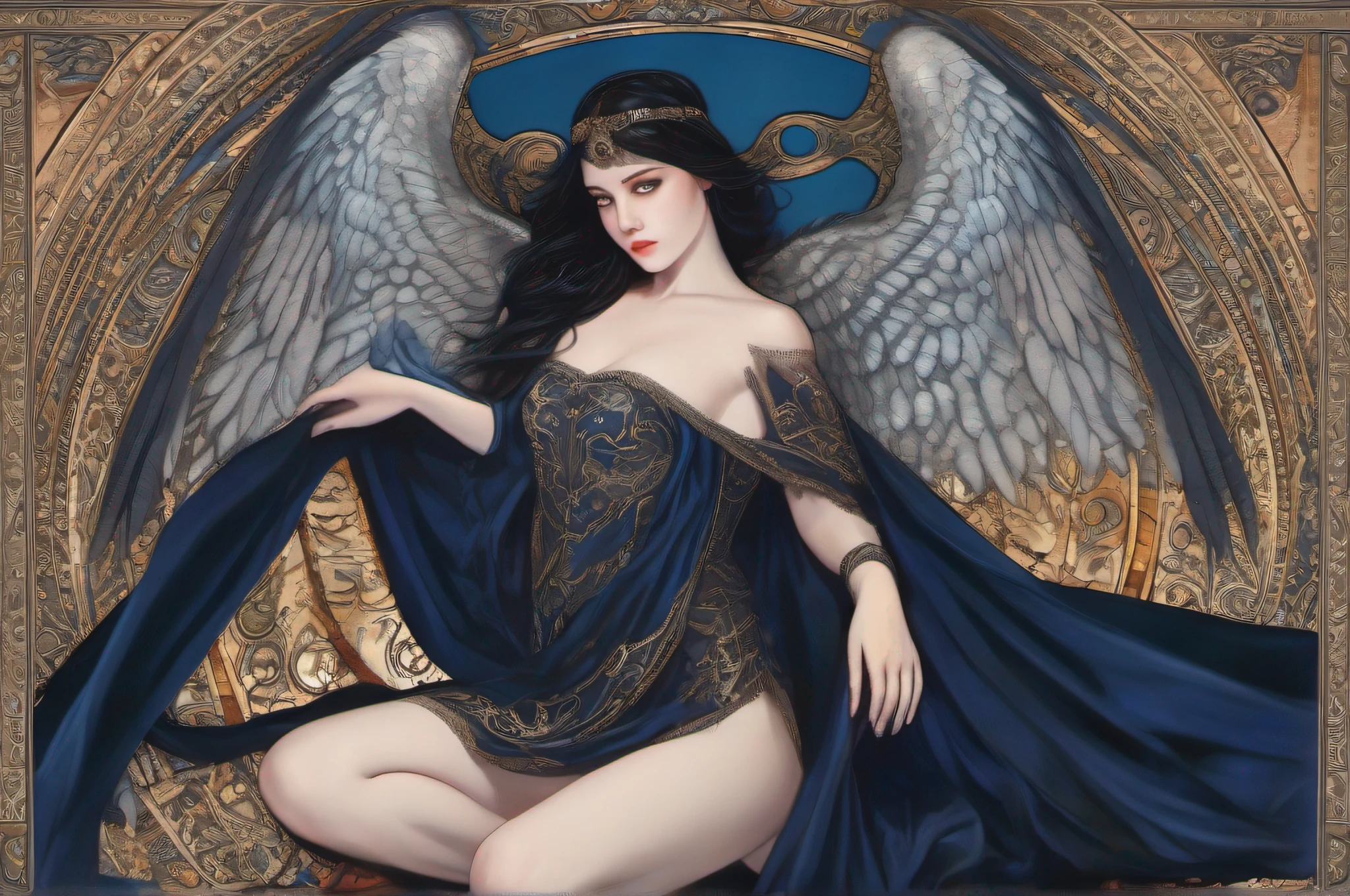 A dark-haired female pretty cleric  with a pair of majestic black angel wings, draped in ornate robemidnight blue.