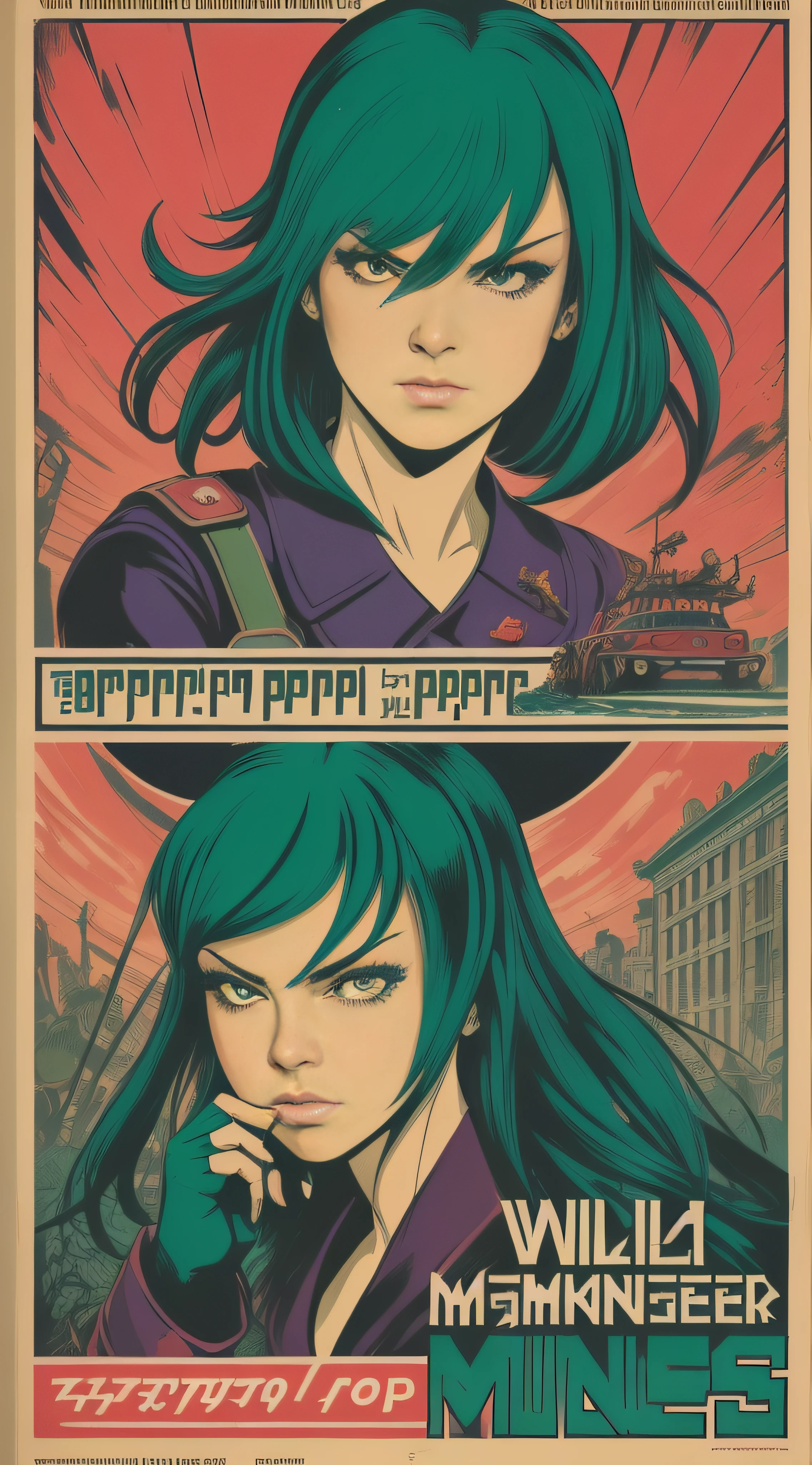 ((CCCPposter, sovietposter)) ((( Beautiful hot, girl, Green hair, Ride wild angry monsters))) Propaganda posters, poster for, Poster Design, Poster Art Style. 1970's, 1950s, 1960s-era, Basic color scheme, Very colorful poster, Color art, thirds rule, grateful, Freestyle perspective