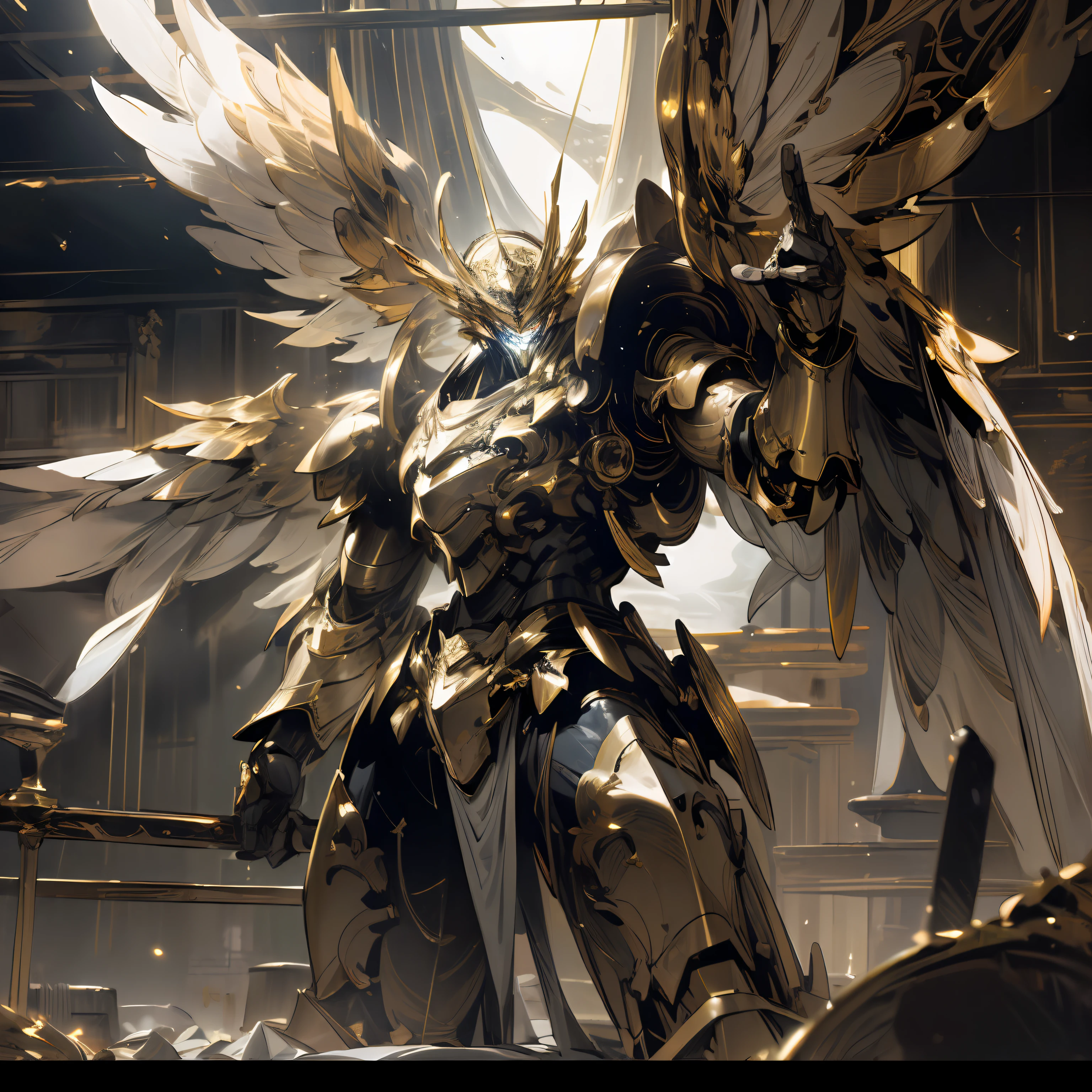 (masterpiece, best quality:1.3),extremely high detailed, intricate, 8k, HDR, wallpaper, cinematic lighting ,(universe), glowing, armor, glowing eyes, mecha, large wings, gold armor,