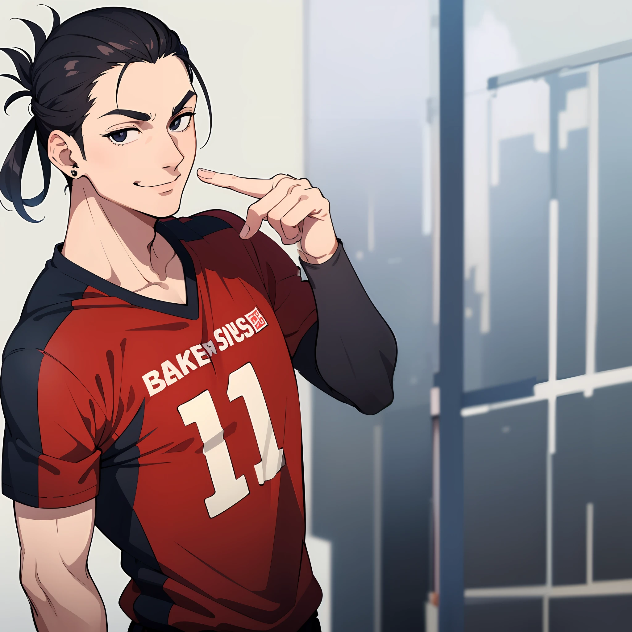 (masterpiece), (best quality), (super detail) expressive eyes, perfect face, (1man), man, lazy eye, smile, normal skin, ((wearing volleyball jersey)), black eyes, Triple Lobe Piercing, man bun black hair, raising forefinger, (medium shot body), without background