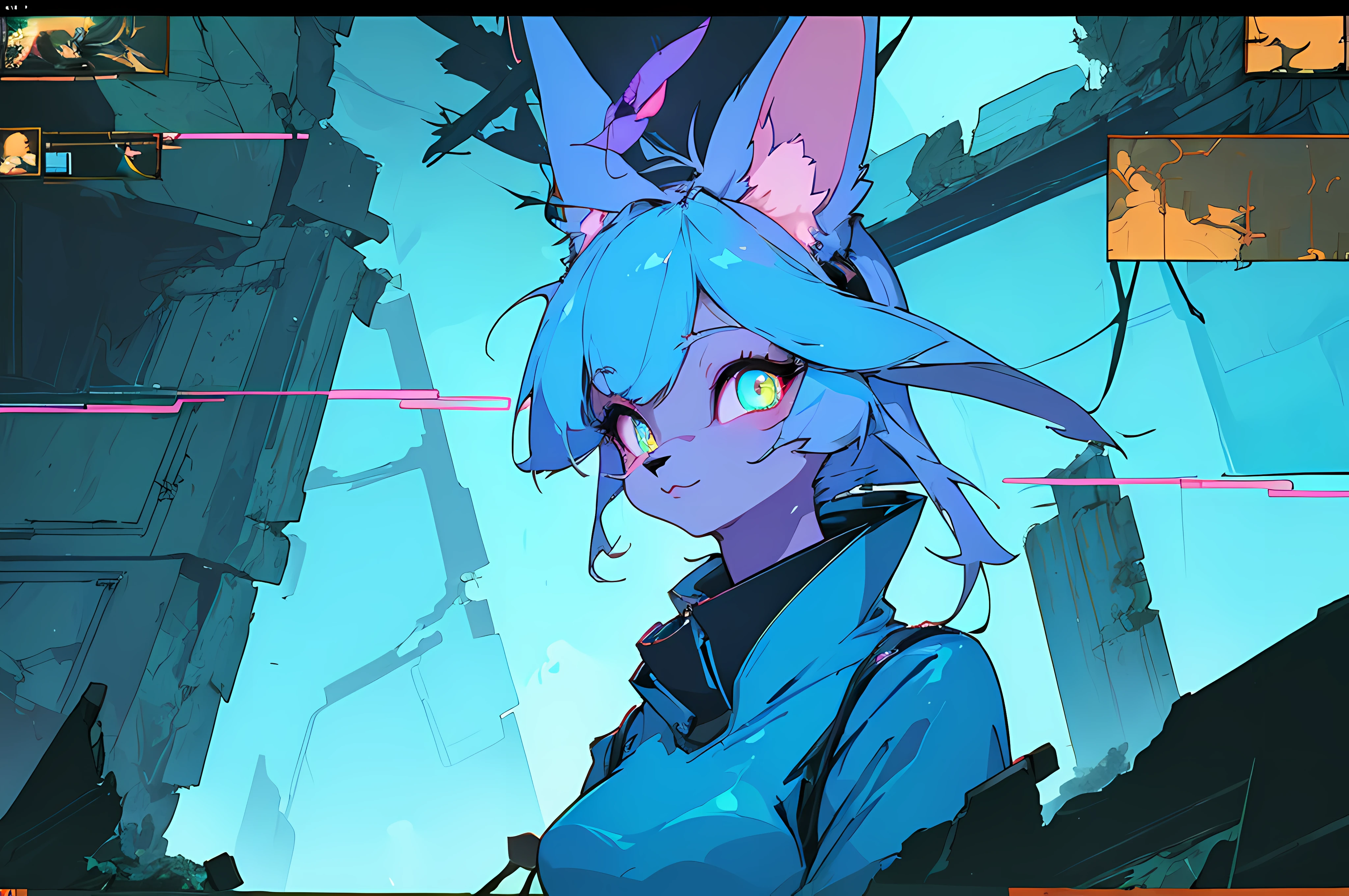 (vintage vhs), (crt screenshot), (Zen, Amy Sol style), (((blue anthro kemono furry rabbit exploring old ruins))), (((underground cavern shining flashlight in old ruins))), anime rabbit character with futuristic hair and glowing eyes exploring old ruins, anime art, anime aesthetic, portrait anime space cadet girl, wearing cybernetic bunny ears --v6