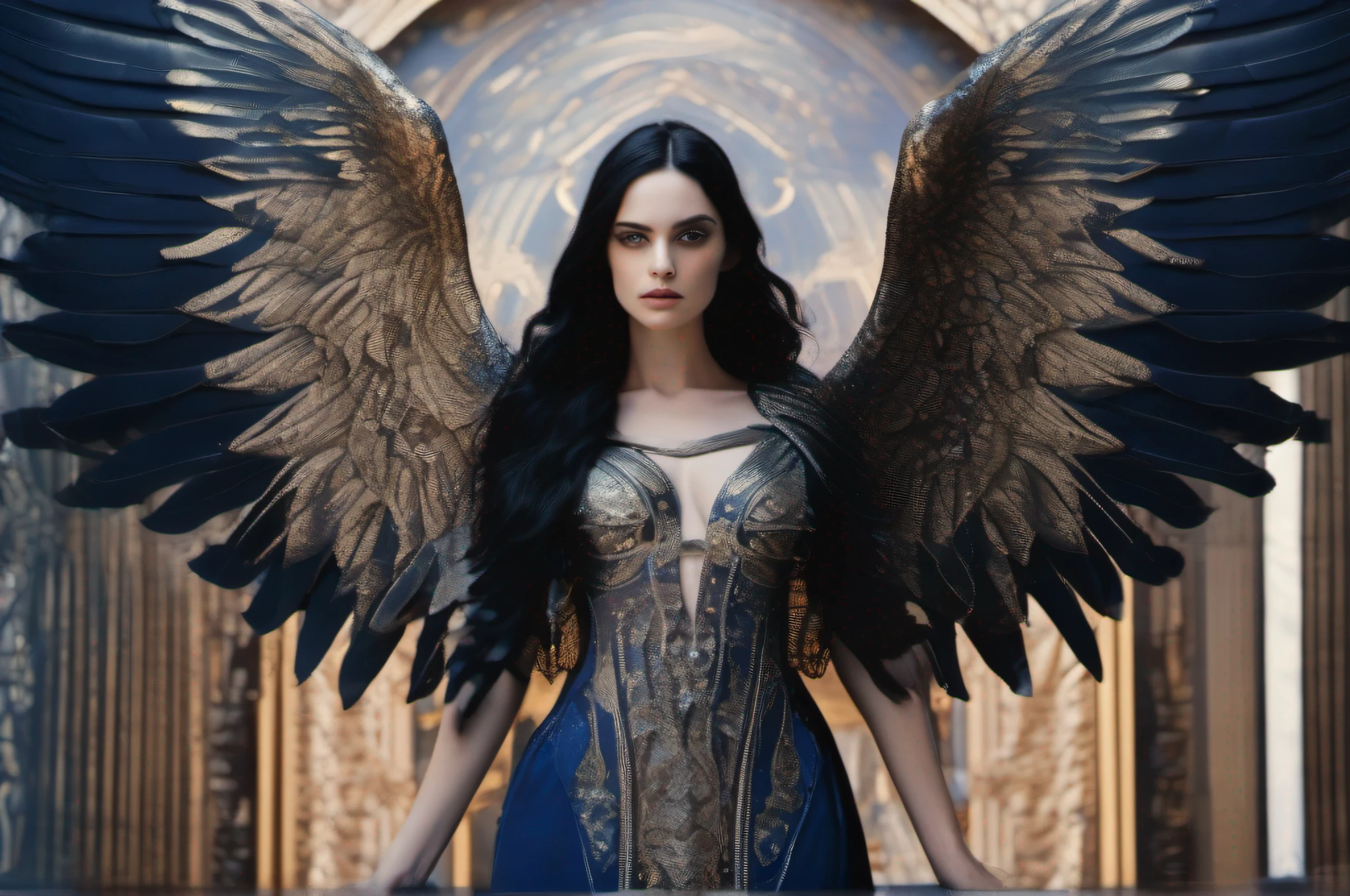 A dark-haired female pretty cleric nude with a pair of majestic black angel wings, draped in ornate robes of midnight blue.