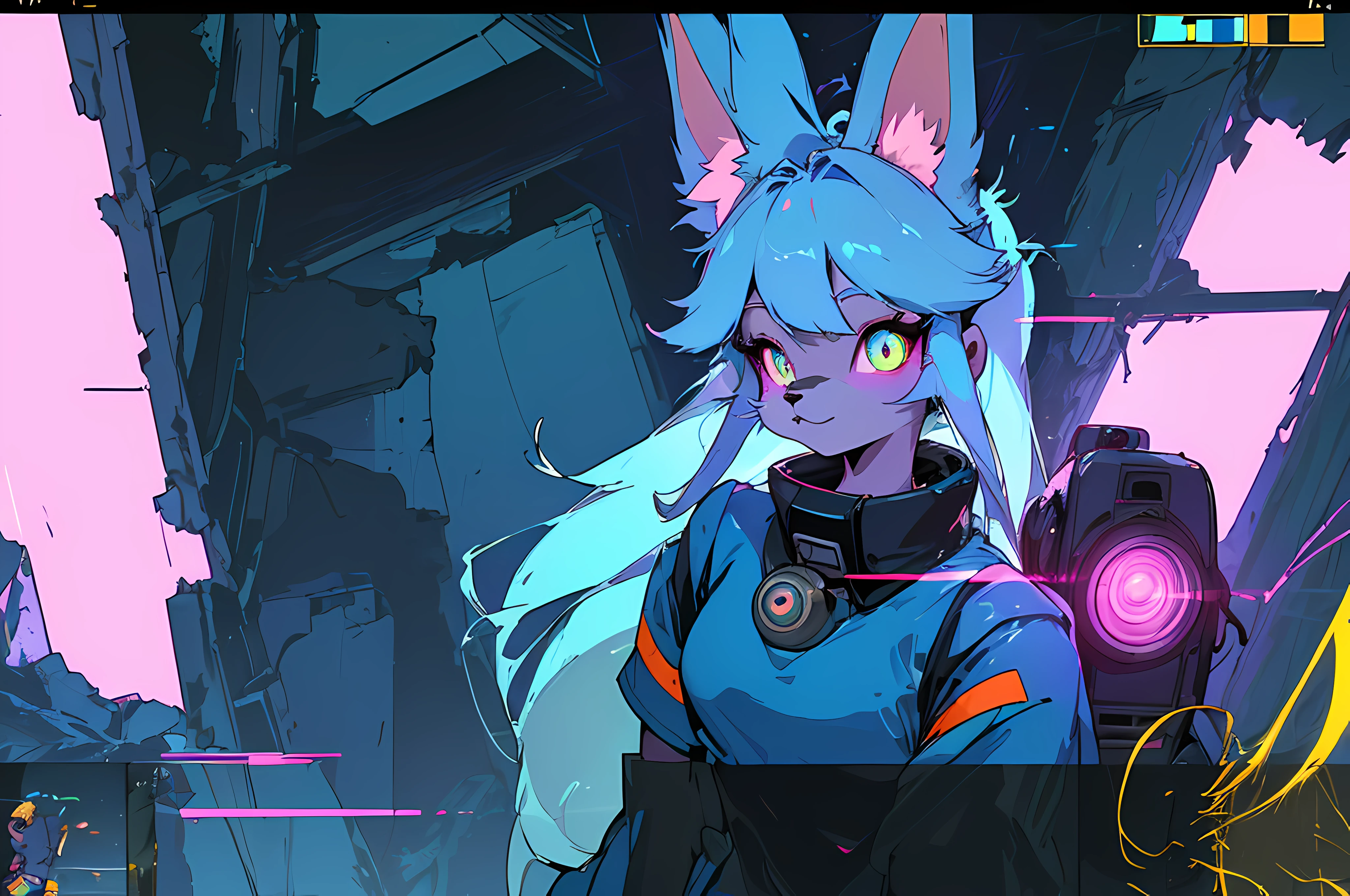 (vintage vhs), (crt screenshot), (Zen, Amy Sol style), (((blue anthro kemono furry rabbit exploring old ruins))), (((underground cavern shining flashlight in old ruins))), anime rabbit character with futuristic hair and glowing eyes exploring old ruins, anime art, anime aesthetic, portrait anime space cadet girl, wearing cybernetic bunny ears --v6