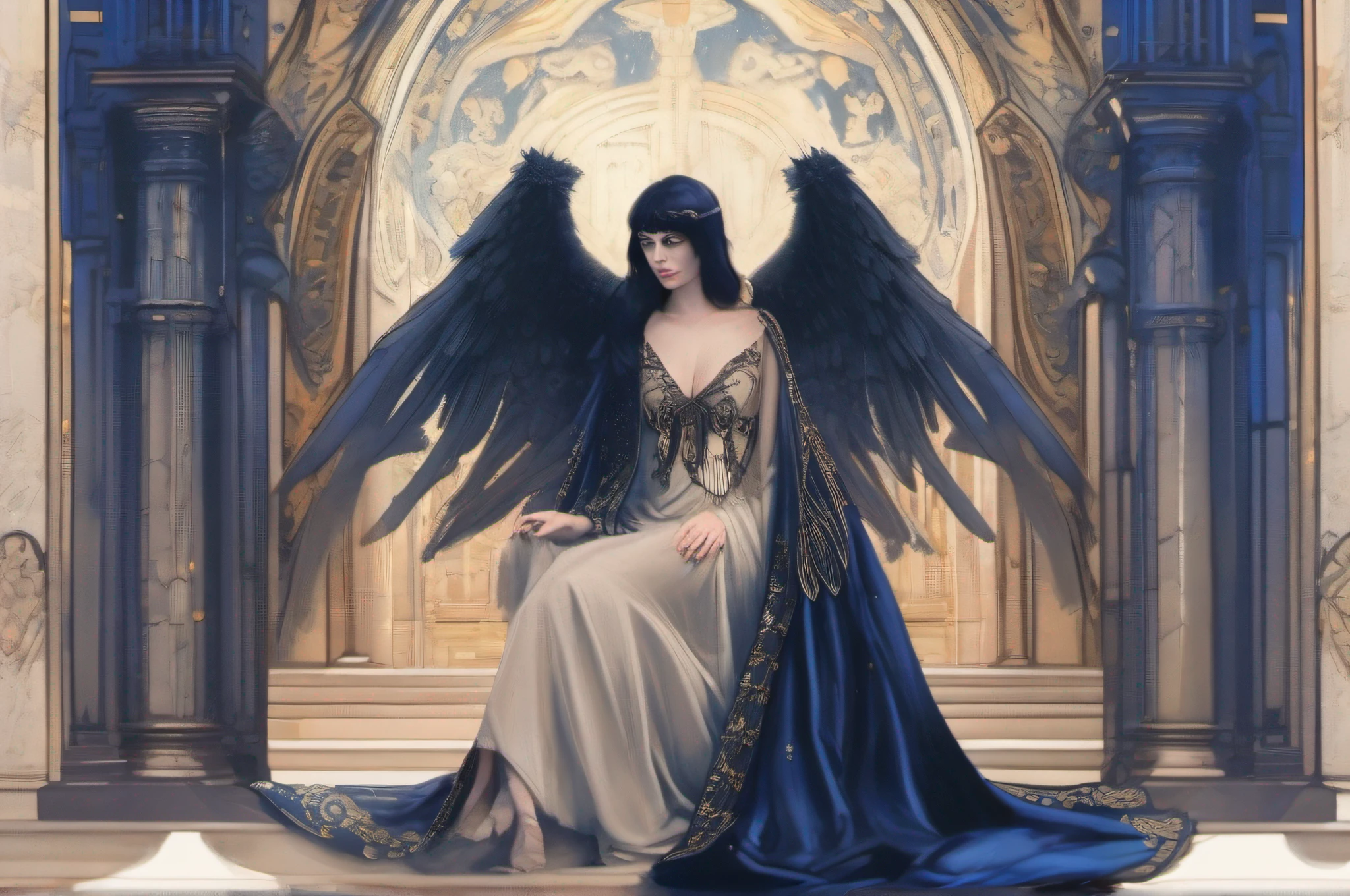 A dark-haired female pretty cleric nude with a pair of majestic black angel wings, draped in ornate robes of midnight blue.