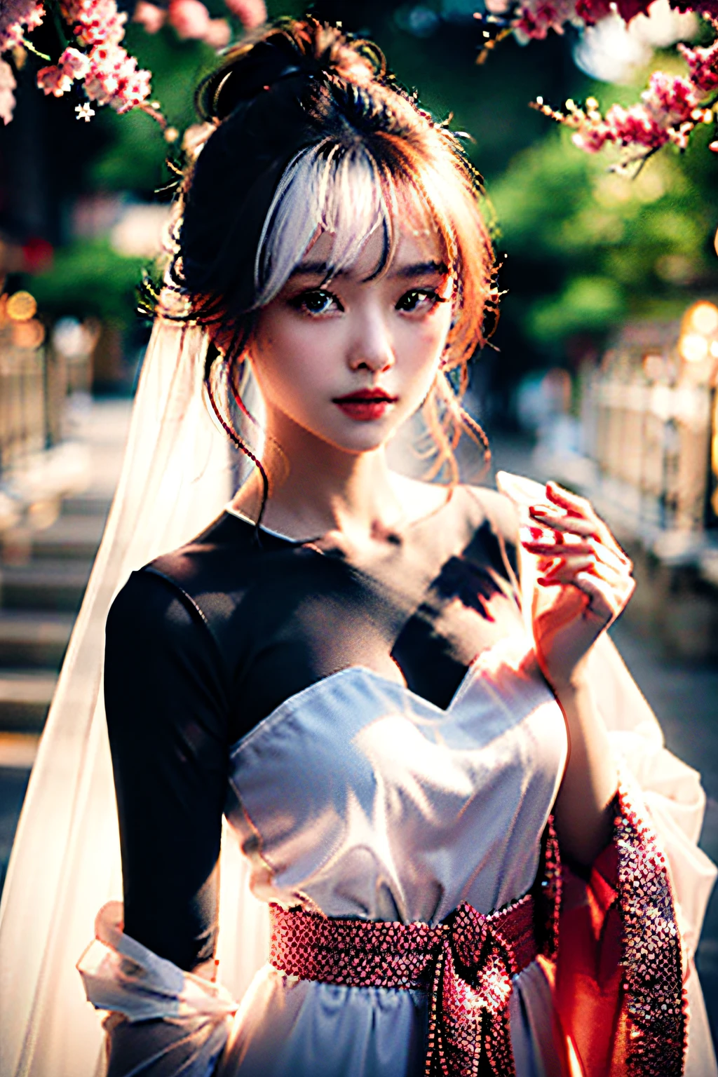There is a girl in a green dress, plum blossoms, palaces, oriental architecture ray tracing, {best quality}, {{masterpiece}}, extremely detailed 8K wallpaper, {an extremely delicate and beautiful}, colorful, intricately detailed, Realistic, real, camera quality, (detailed depiction of clothes), cool white skin, (detailed depiction of blush), 1080p, sun, soft cuteness, smooth light silver hair, messy beauty, lighting, broken feeling, bright and silky skin , 3D stereoscopic, masterpiece, best quality, super fine illustration, beautiful eyes, very fine light, fine glow, very fine 8K CG wallpaper, peach eyes, red pupils, an extremely delicate and beautiful girl, 8k Wallpaper, best quality, full body close-up, white long dress, luxurious silky bright red chiffon floodlight (magic, glitter, ultra-thin, soft,) Hanfu