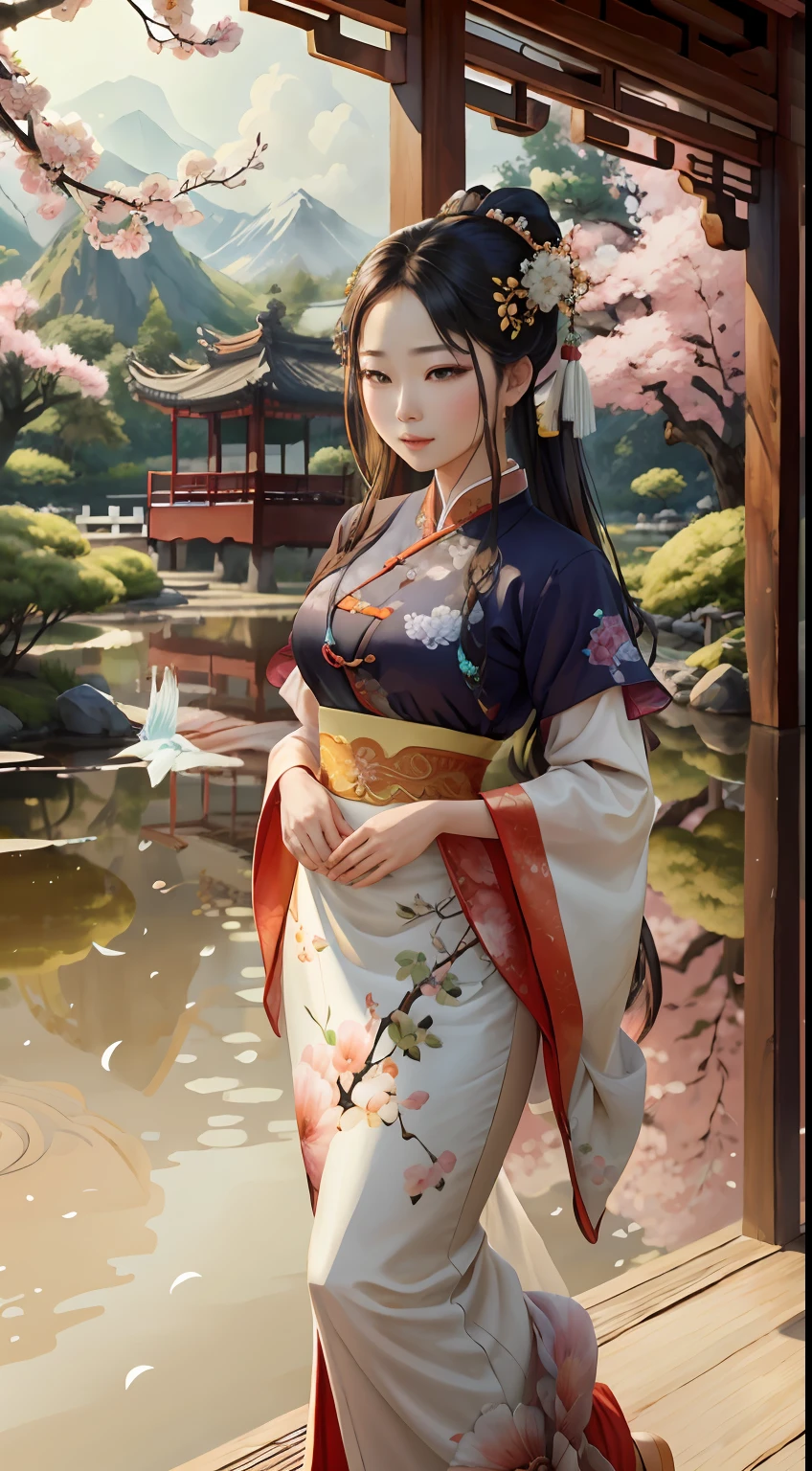 An ancient Chinese beauty standing by the river,中景 the scene is,(Full body appearance),Wear ancient Chinese clothing,Flowing tulle silk,(Detailed and perfect facial details),(Beautiful and affectionate eyes),Flowing silky hair,Pavilion,the trees,Flying birds,The vista is mountains,(Ink painting style),Clean colors,Decisive cut,Leave white space,impressionistic,tmasterpiece,(8k wallpaper),(Extremely meticulous and perfectly detailed painting),Epic composition,high high quality,HighestQuali,Master works of painting,realisticlying,Inspired by:《Suzhou Garden》,RAY rendition