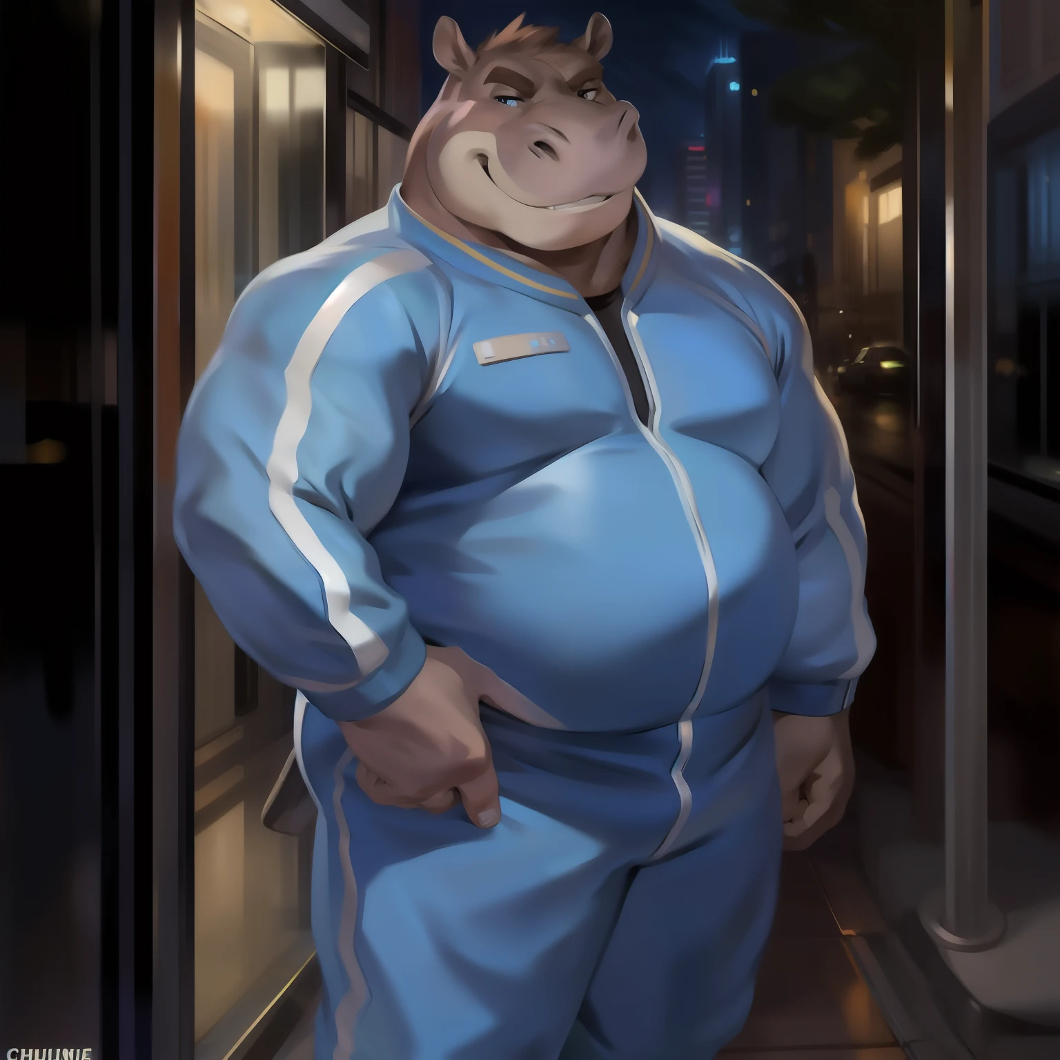 Solo, male, standing, street, hippo, blue military spacesuit, overweight, muscular, smirking, by chunie
