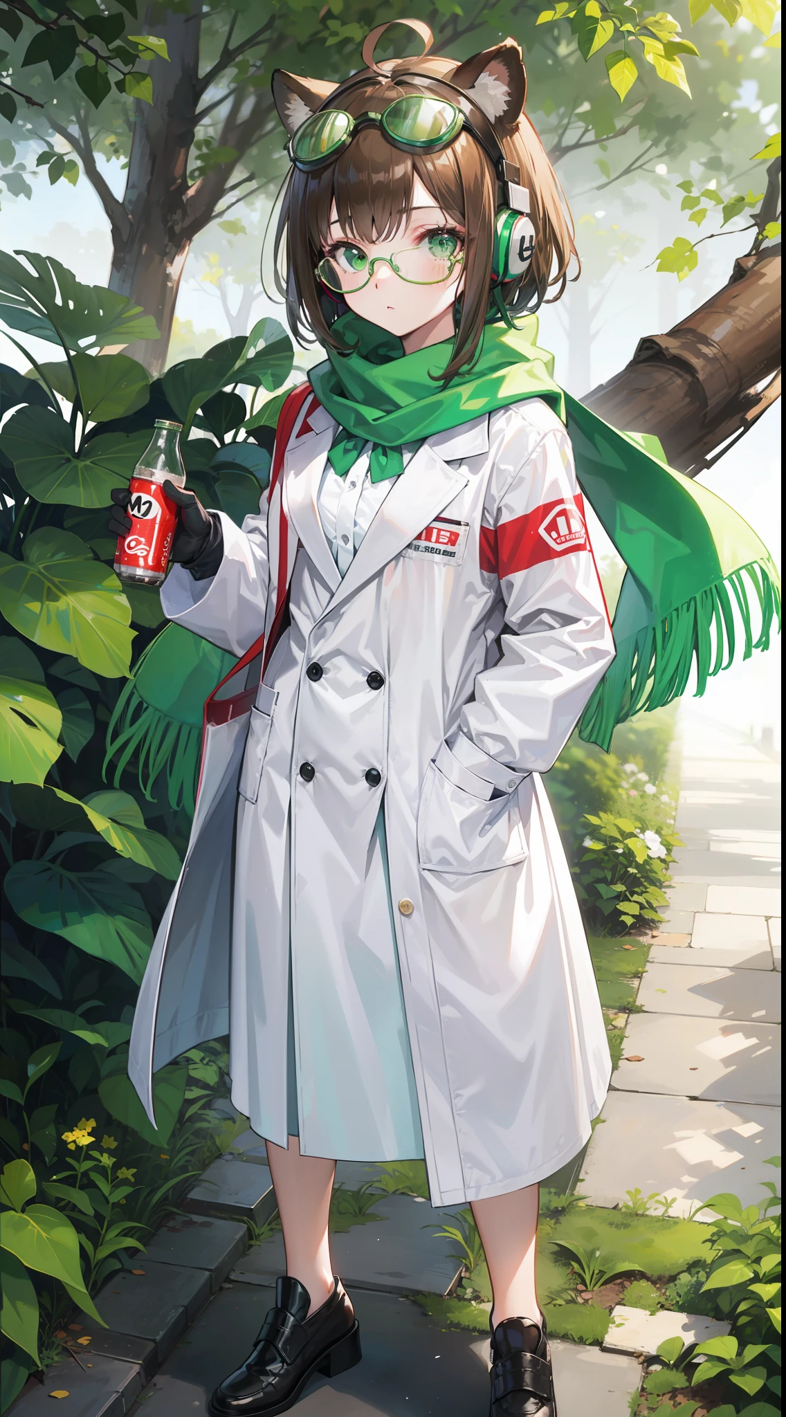 1girl,brown_hair,camouflage,coke-bottle_glasses,cosplay,eyewear_on_head,facial_hair,frog,full_body,glasses,gloves,goggles,green-framed_eyewear,green_bikini,green_bow,green_bowtie,green_eyes,green_gloves,green_headwear,green_neckwear,green_ribbon,green_scarf,headphones_around_neck,labcoat,leaf,leaf_on_head,male_focus,parody,raccoon_ears,raccoon_tail,solo,su_background,futatsuiwa_mamizou,luigi,rowlet