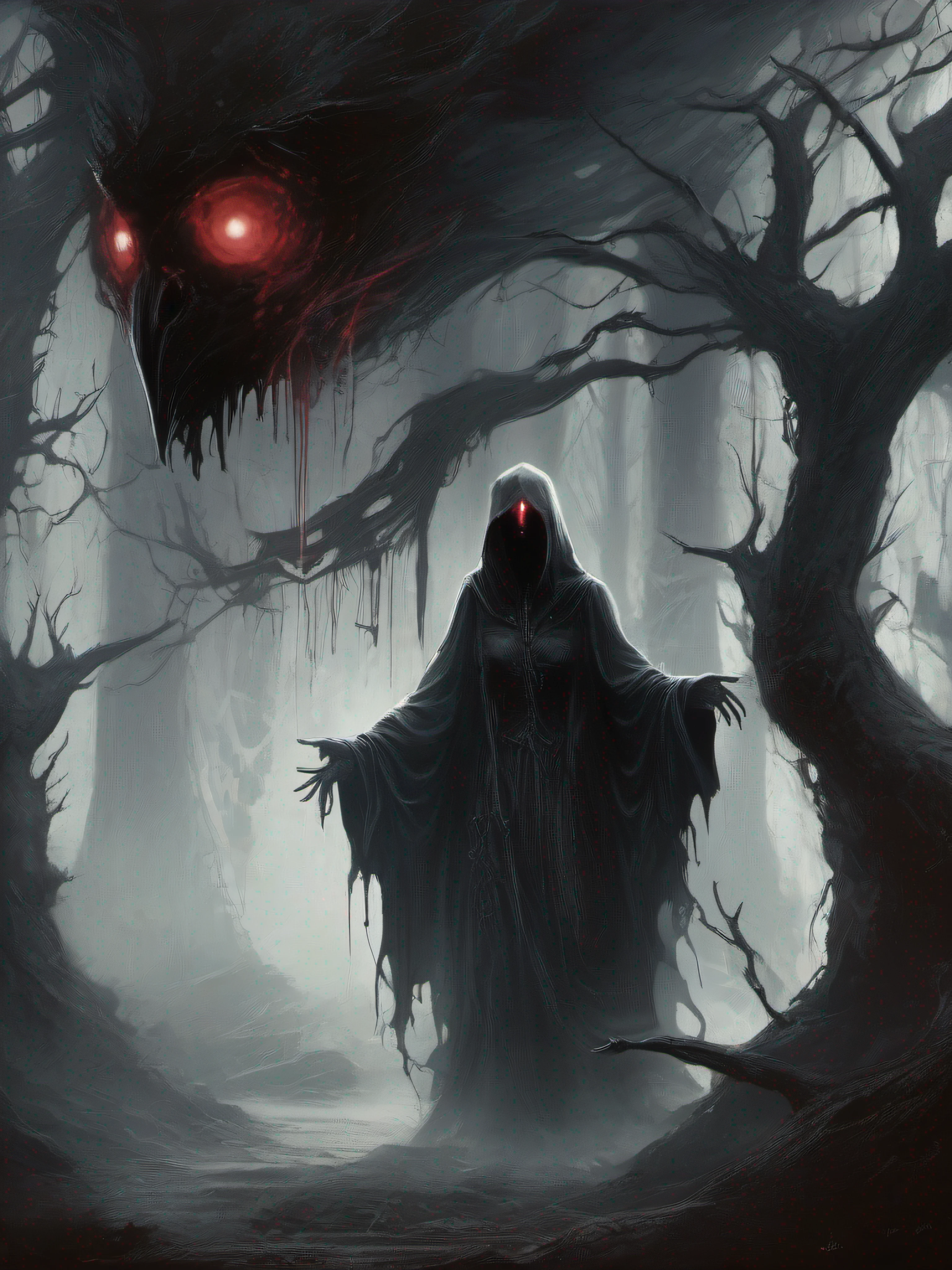 In the dimly lit depths of a desolate forest, A messenger from hell emerges. Dressed in a tattered black dress, their skeletal faces are hidden behind a dark hood, revealing only piercing red eyes shining with malevolence. Strands of black smoke wrap around them, emanating from an aura of unhappiness and despair. The scene is captured in the style of Tim Burton, with striking contrasts of light and shadow highlighting the strange atmosphere. Colors are mostly dark and muted, Accentuate the Messenger's Otherworldly Presence. Rendered by a high-definition dark fantasy rendering engine for maximum realism.