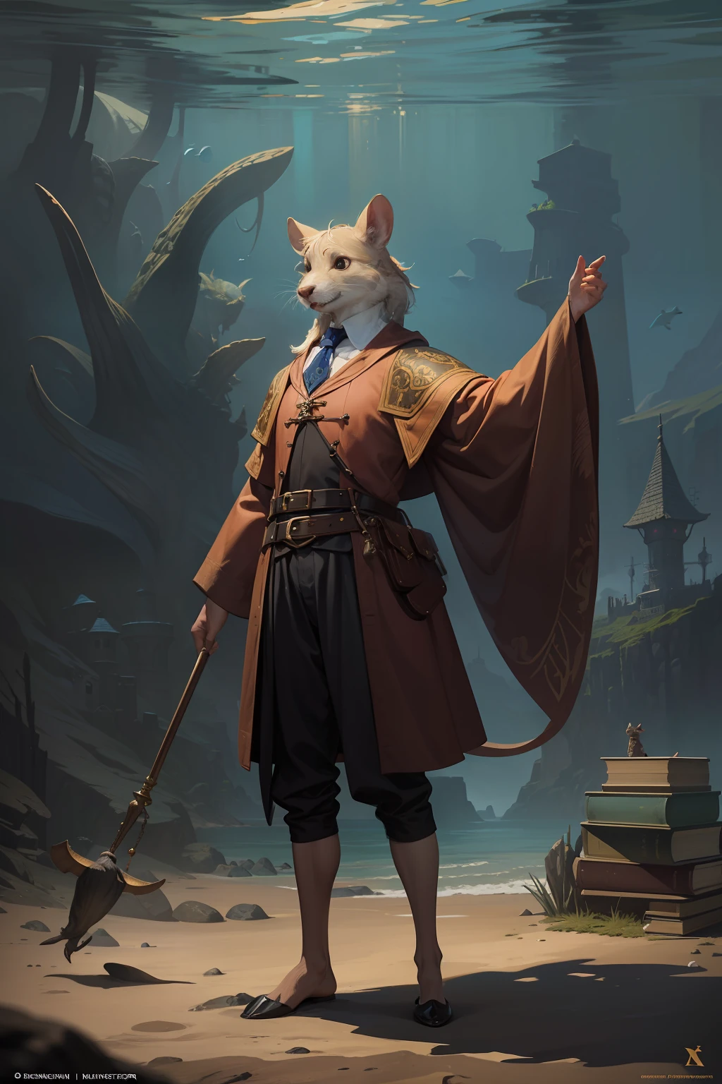 classic oil painting, an anthropomorphic bipedal rat that is dressed as a medieval librarian, as a dnd character, standing under the sea, cottagecore, highly detailed, digital illustration, concept art, smooth, sharp focus, art by paul bonner