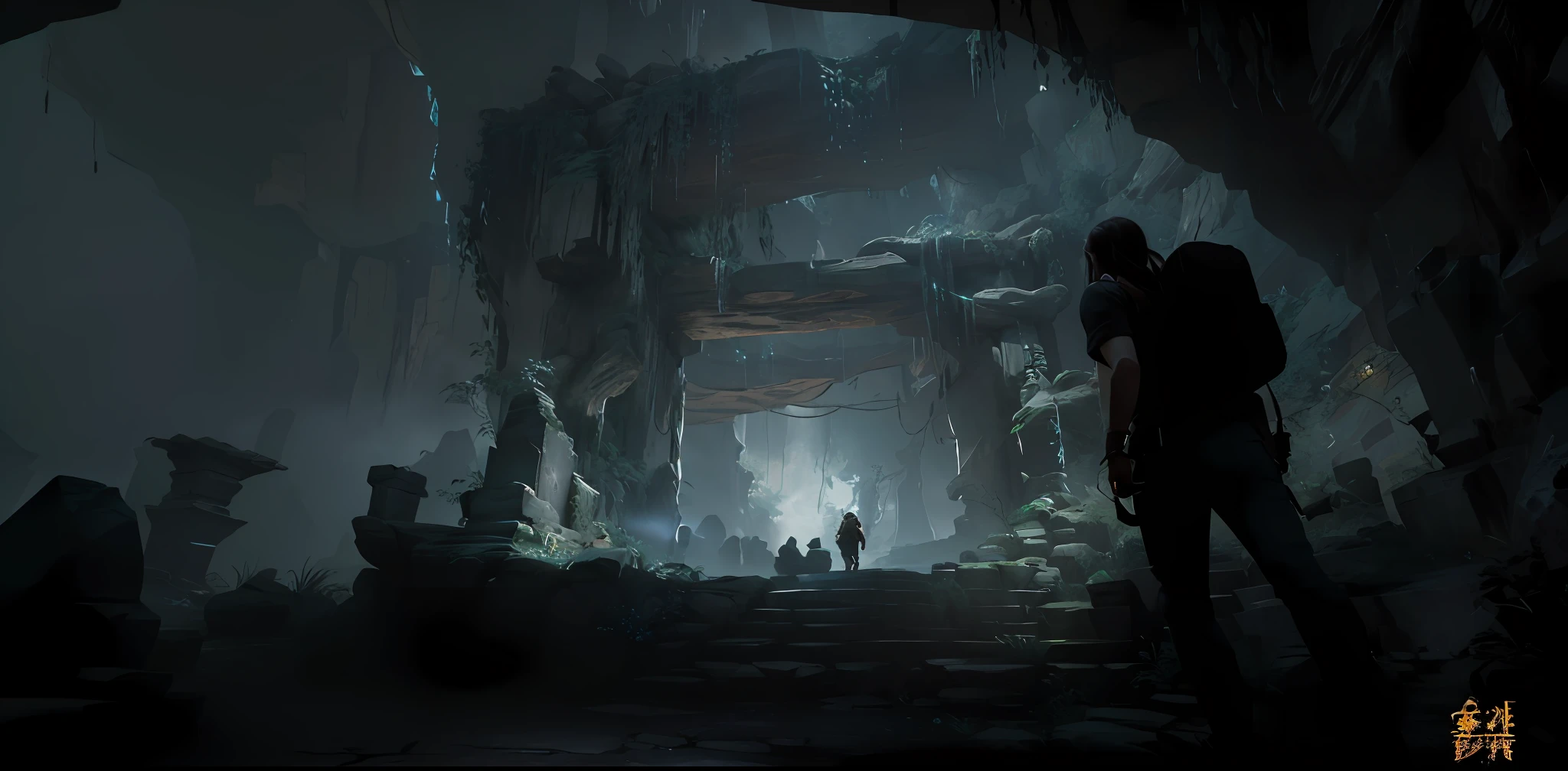 Dimly lit cave,There were two people standing inside, Shadow of the Tomb Raiders, shadow of the tomb raider, The rise of Tomb Raider, eerie nostalgic concept art, photorealistic dark concept art, dark cinematic concept art, 4K concept art, 4 k concept art, secret overgrown temple, detailed atmospheric and gritty, 4 K resolution,concept-art,Surrounded by rocks,grotto,Dilapidated staircase,unreal engine 5 digital art, Unreal Engine renders concept art, unreal engine 5 4 k uhd image, Unreal Engine 5 environment, unreal engine 5 render dramatic, 8 K high detail concept art, Unreal Engine fantasy art, Unreal Engine 5 lighting, Unreal Engine 4K wallpapers, unreal engine 5 lumen,the night,darkly,speleothems,Ancient ruins,Chinese style,Deep canyon,blue colors// ,perspective,wide shot, ((, Point View Shot, POV, Aerial Shot, Helicopter Shot)), CGI, Realism, RTX, Tone Mapping, SSAO, Shaders, Moonlight, Volumetric Lighting, Volumetric Light, Volumetric, Sunlight, Natural Lighting, landscape, outdoors,Professional,ultra-fine painting, ((high qulity:1.2, tmasterpiece:1.2)), absurdres, high resolution, (8k resolution), 8k, 8kres, 8k res, high details, detailed and intricate, intercreate details, high electric details, absurd amount of details, super resolution, Ultra HD Ultra HD, megapixel, , ((, Angle shooting, POV, )), CGI, hentail realism, RTX, Tone-mapping, SSAO, Shaders, rays of moonlight, volumettic light,scenecy, inside in room,Enclosed space ((high qulity:1.2, tmasterpiece:1.2)), hoang lap, A high resolution, (8K分辨率), 8k, 8kres, 8k res, high details, detailed and intricate, intercreate details, high interpreted details, Absured amount details,ray tracing,Hyper-Resolution,hyper HD,megapixel,HDR