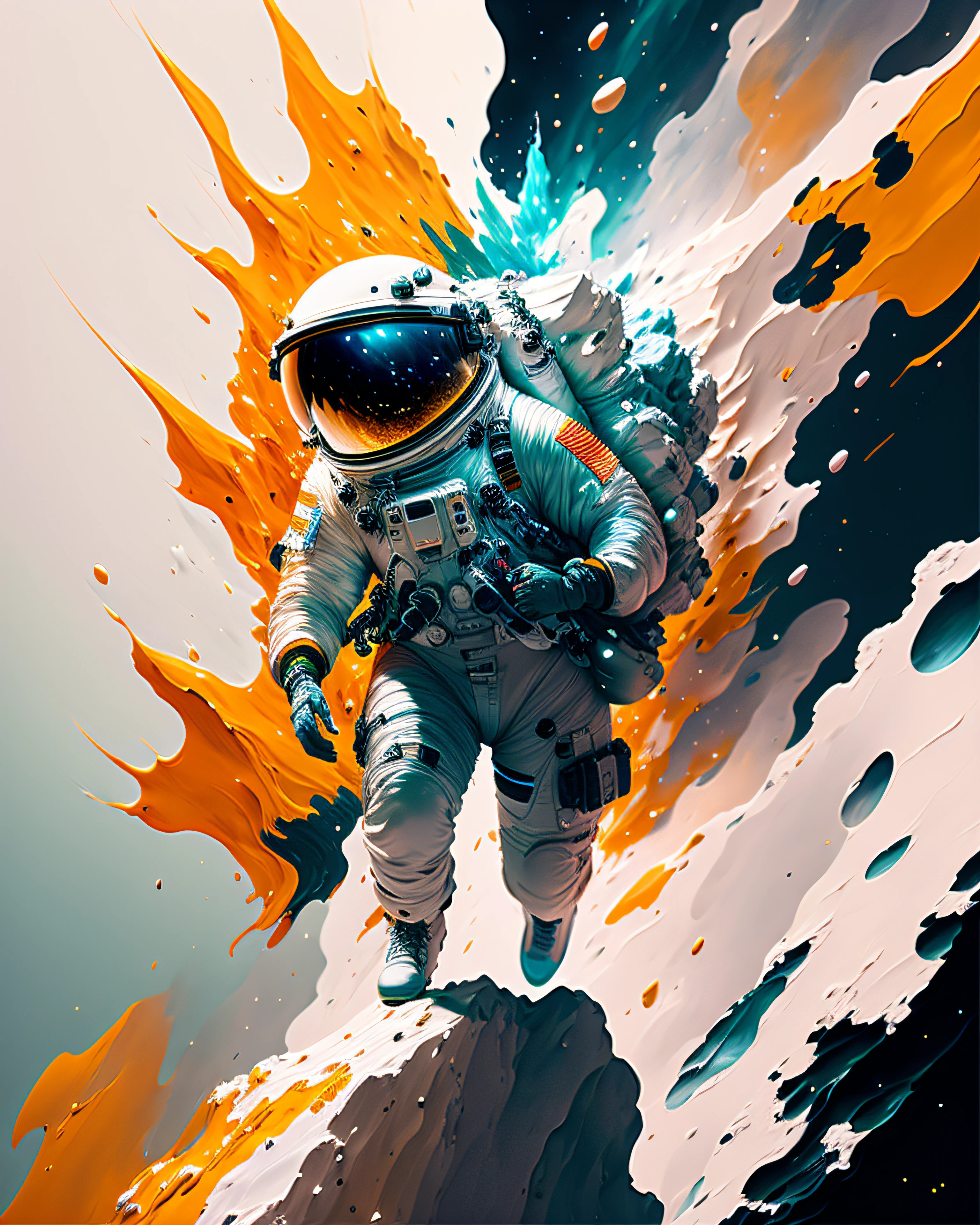 astronaut, climbing the asteroid, character render, ultra high quality model, ethereal background, abstract beauty, explosive volumetric, oil painting, heavy strokes, paint dripping