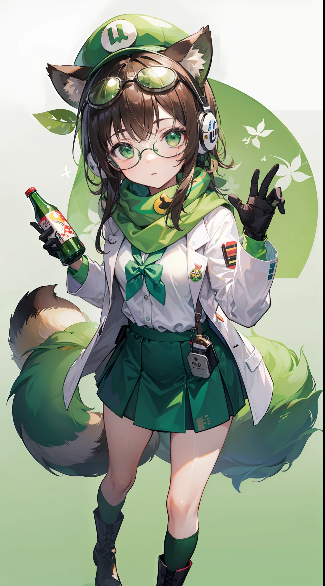 1girl,brown_hair,camouflage,coke-bottle_glasses,cosplay,eyewear_on_head,facial_hair,frog,full_body,glasses,gloves,goggles,green-framed_eyewear,green_bikini,green_bow,green_bowtie,green_eyes,green_gloves,green_headwear,green_neckwear,green_ribbon,green_scarf,headphones_around_neck,labcoat,leaf,leaf_on_head,male_focus,parody,raccoon_ears,raccoon_tail,solo,su_background,futatsuiwa_mamizou,luigi,rowlet