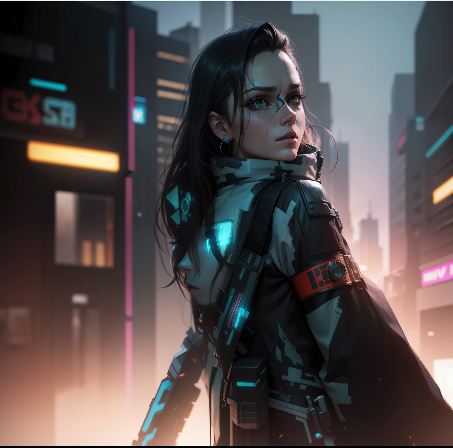 Change this background cyberpunk, realistic face,8k, ultra graphics, a girl