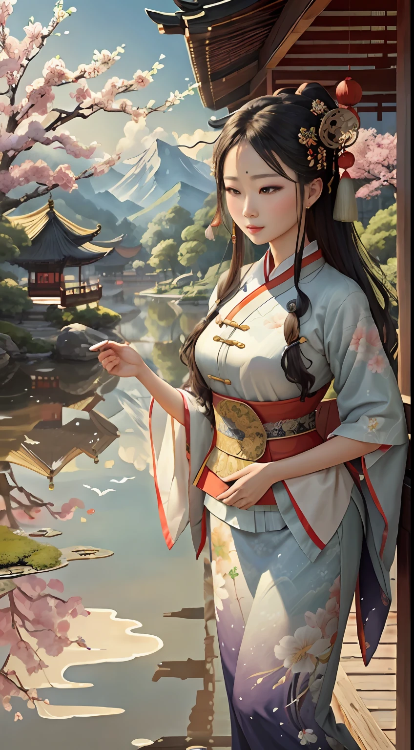 An ancient Chinese beauty standing by the river,中景 the scene is,(Full body appearance),Wear ancient Chinese clothing,Flowing tulle silk,(Detailed and perfect facial details),(Beautiful and affectionate eyes),Flowing silky hair,Pavilion,the trees,Flying birds,The vista is mountains,(Ink painting style),Clean colors,Decisive cut,Leave white space,impressionistic,tmasterpiece,(8k wallpaper),(Extremely meticulous and perfectly detailed painting),Epic composition,high high quality,HighestQuali,Master works of painting,realisticlying,Inspired by:《Suzhou Garden》,RAY rendition