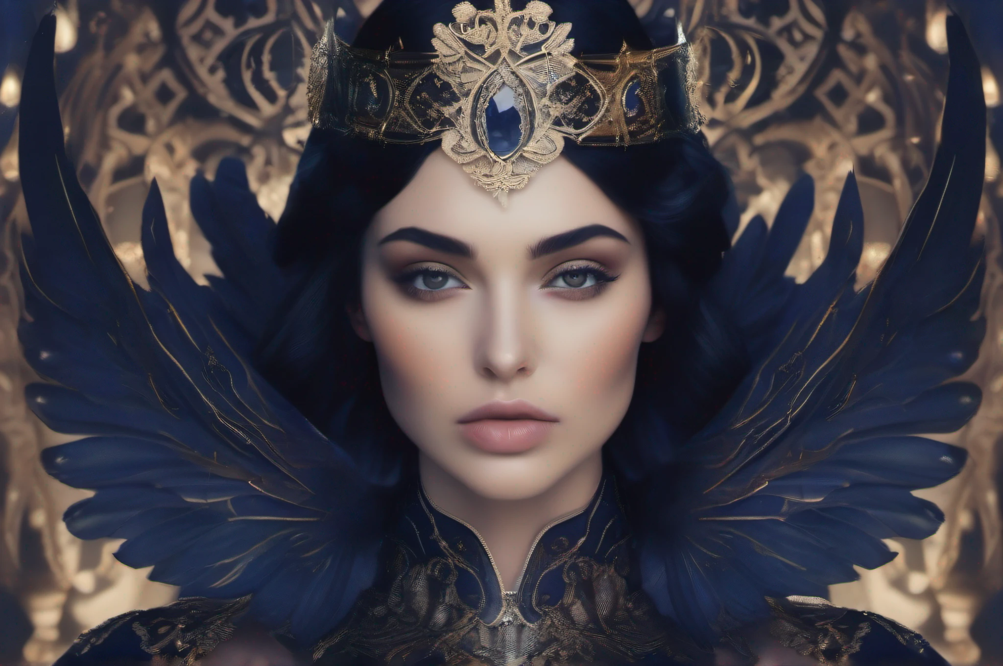 A dark-haired female pretty cleric nude with a pair of majestic black angel wings, draped in ornate robes of midnight blue.
