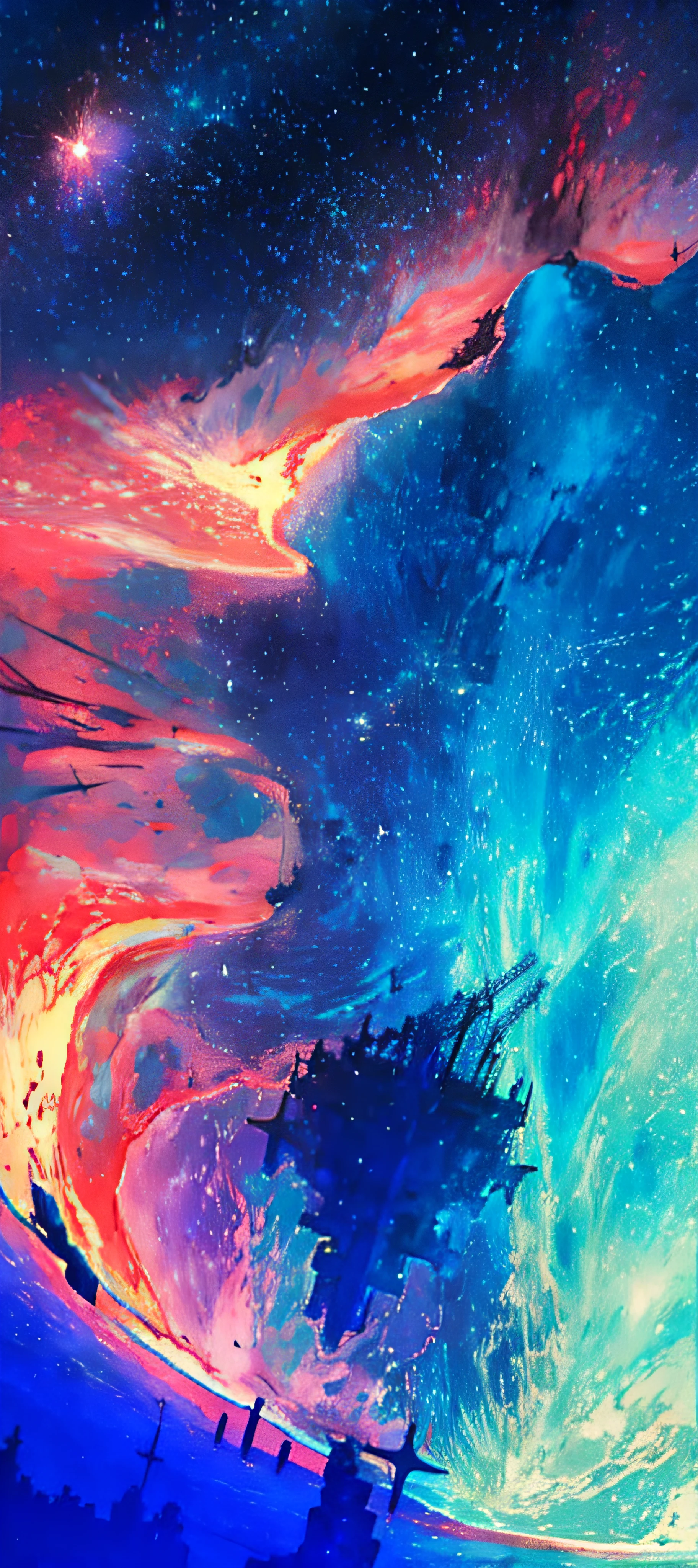 towers of god, blue towers, violet, blue, red, god, red sky, violet sky, starry sky, stars, starry towers, starry god, light blue, civilization, order