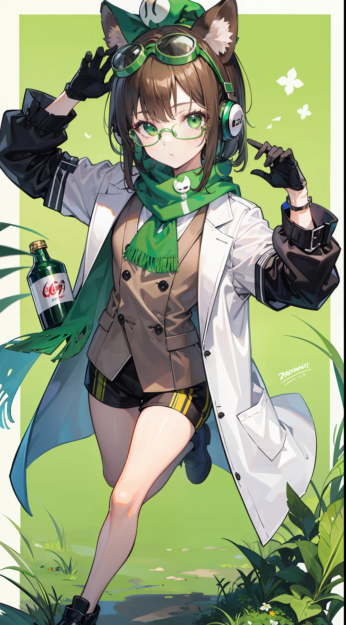 1girl,brown_hair,camouflage,coke-bottle_glasses,cosplay,eyewear_on_head,facial_hair,frog,full_body,glasses,gloves,goggles,green-framed_eyewear,green_bikini,green_bow,green_bowtie,green_eyes,green_gloves,green_headwear,green_neckwear,green_ribbon,green_scarf,headphones_around_neck,labcoat,leaf,leaf_on_head,male_focus,parody,raccoon_ears,raccoon_tail,solo,su_background,futatsuiwa_mamizou,luigi,rowlet