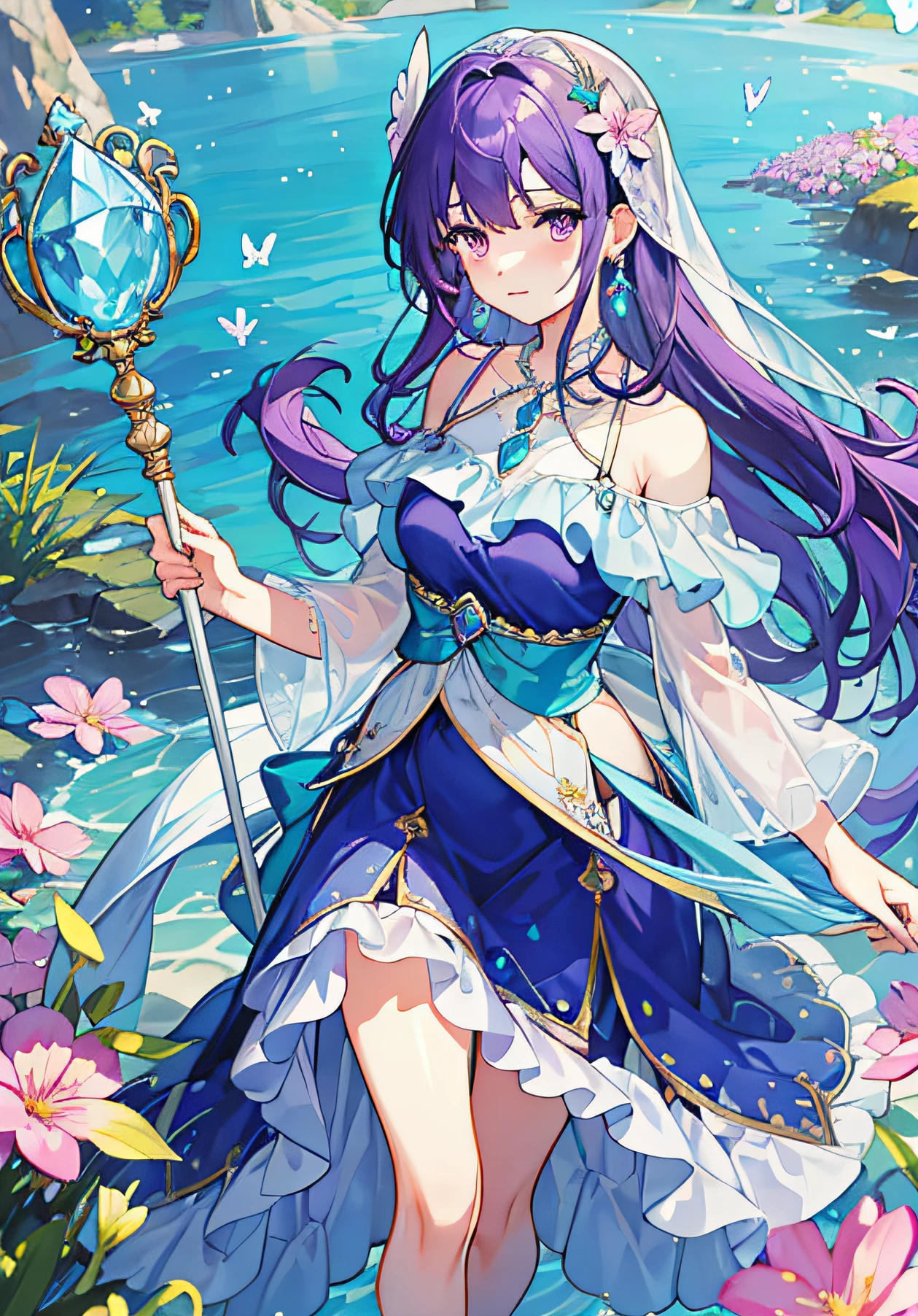 ((Masterpiece, Best quality)), 1girll, blossoms,One-shoulder dress,noble,ellegance, Outdoors, holding a staff,Butterflies surround their faces expressionless, Blush, Purple hair, flower field, Colorful flowers, Pink eyes, Aqua blue dress, Waist white auspicious cloud pattern,Skirt Flowers,Violet-blue crown water wave pattern water drop diamond,Teardrop-shaped gemstone necklace aqua blue,Water-shaped earrings aqua blue,view the viewer, Long hairs, Small breasts, Depth of field,