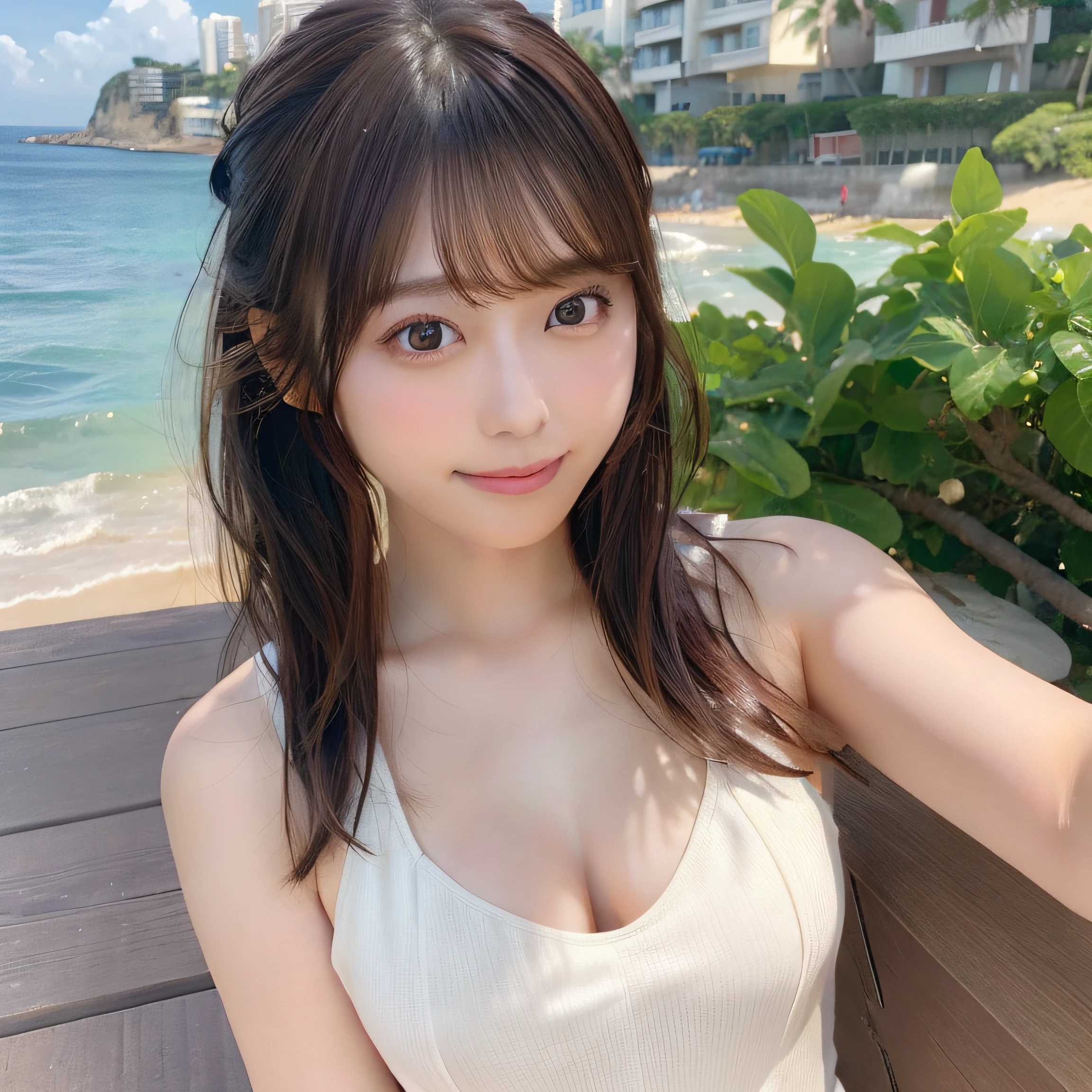 8K,Best Quality, 超A high resolution, (Photorealistic:1.4),masterpiece:1.3, Raw photo, (upper thigh:1.6, From Side:0.7), (Bokeh:1.2), sea side:1.3, (in a suite:1.6),sand beach:1.1, 1日本人の女の子, Cute, (Solo:1.6), (Shy smile), Smooth skin, (Brown medium hair,Bangs), (touch hair:1.4),nogizaka,Cute swimsuit,Beautiful black eyes:1.3、full bodyesbian:1.4,ample breasts,poneyTail