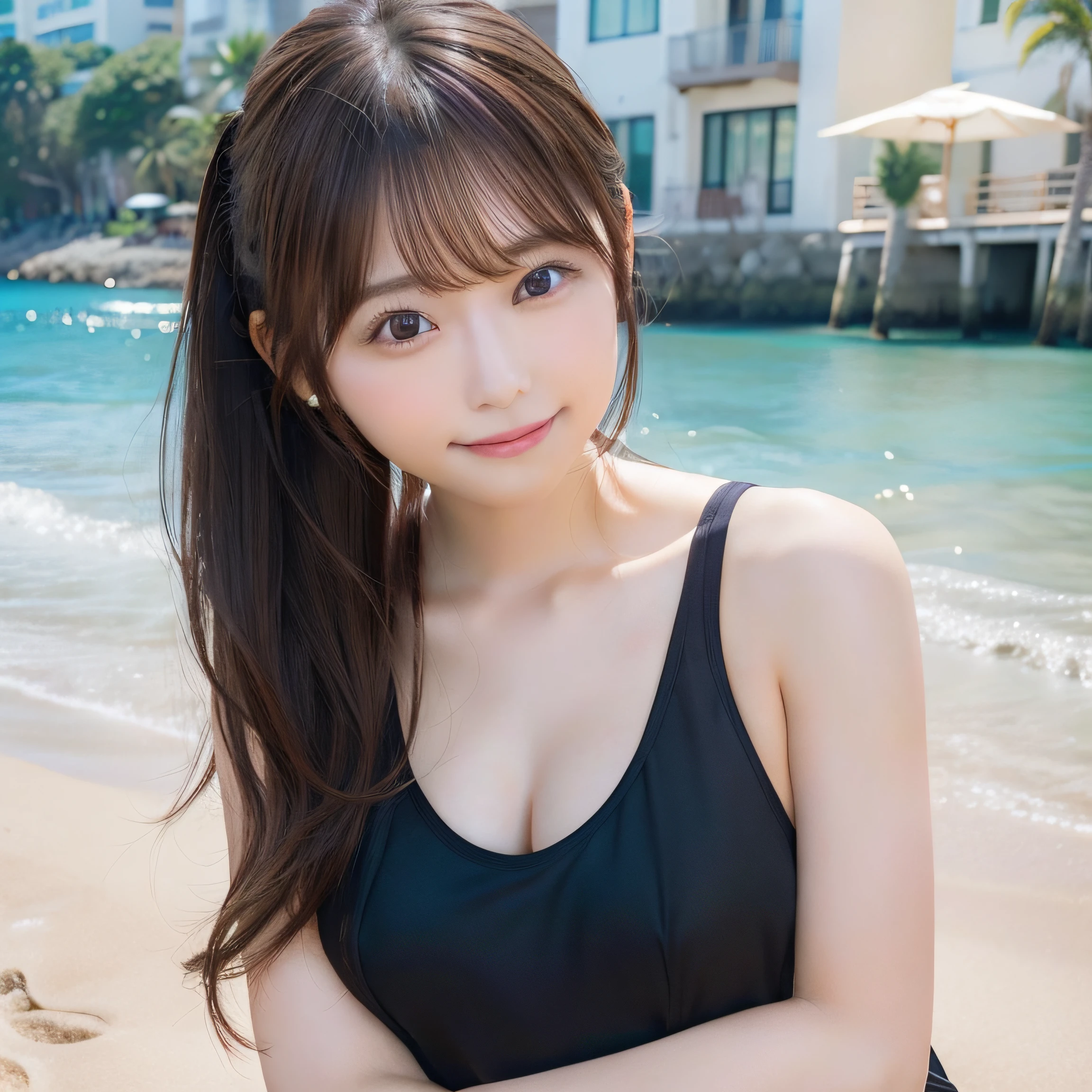 8K,Best Quality, 超A high resolution, (Photorealistic:1.4),​masterpiece:1.3, Raw photo, (upper thigh:1.6, From Side:0.7), (Bokeh:1.２), sea side:1.3, (in a suite:1.6),sand beach:1.1, 1日本人の女の子, Cute, (Solo:1.6), (Shy smile), Smooth skin, (Brown medium hair,Bangs), (touch hair:1.4),nogizaka,Cute swimsuit,Beautiful black eyes:1.３、full bodyesbian:1.4,ample breasts,poneyTail