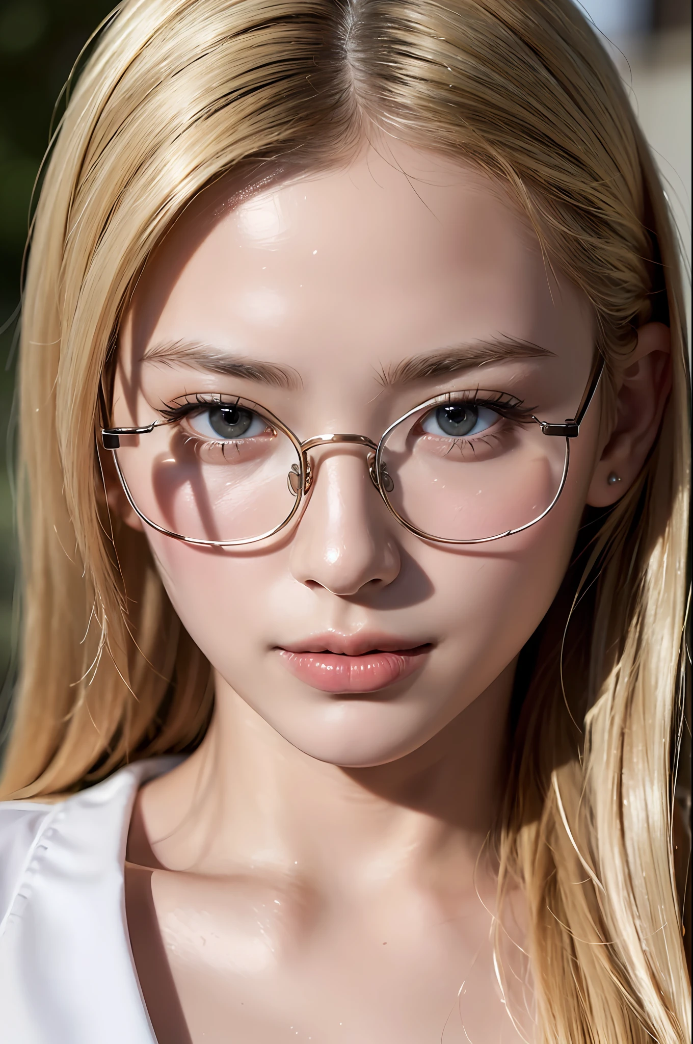 Best quality, masterpiece, ultra high res, (photorealistic:1.6), (looking at viewer), raw photo, (close up:1.6), 1 girl, long blonde hair, detailed eyes and face, (wearing white shirt, wearing glasses), sunlight,