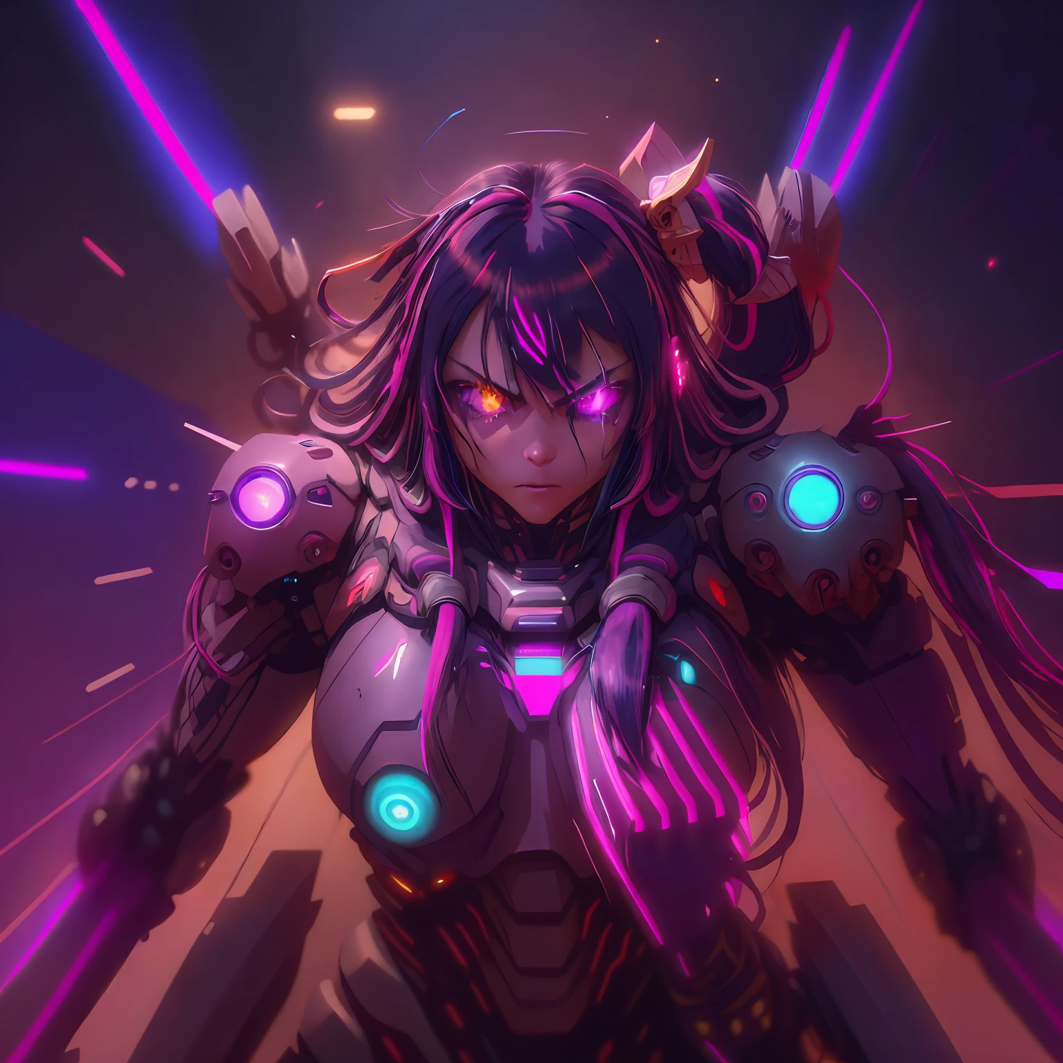 badass supercyber CyberPunkAI neon Hoshino Ai, long hair, purple hair, streaked hair ,purple eyes, star-shaped pupils, hair ornament, CyberPunkAI showcasing her power armour and skills as a shooting everthing in her path with a massivr large arm cannon