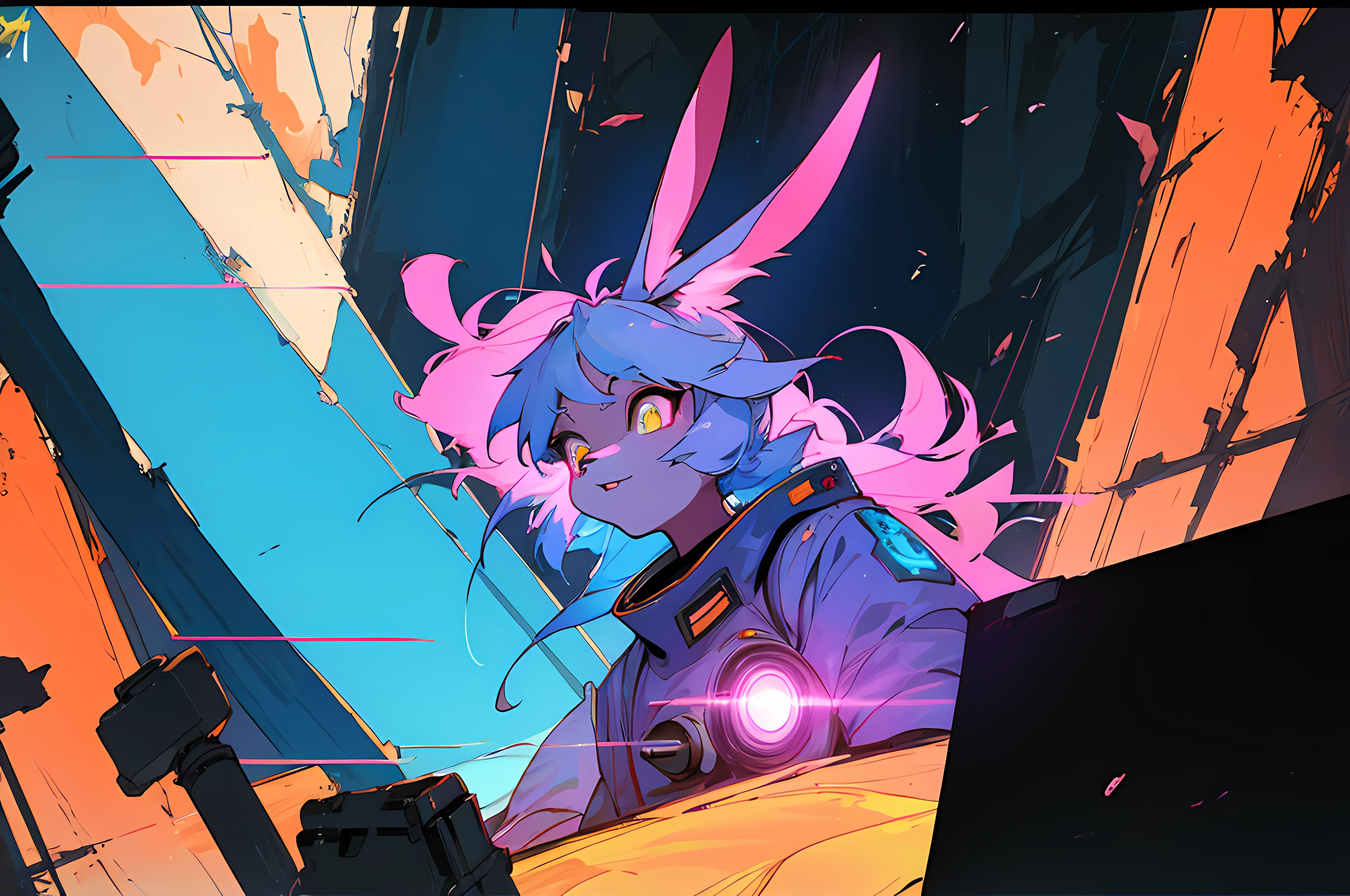 (vintage vhs), (crt screenshot), (Zen, Amy Sol style), (((cathedral shootout spacewalk))), (((blue anthro kemono furry rabbit exploring old ruins))), (((underground cavern shining flashlight in old ruins))), anime rabbit character with futuristic hair and glowing eyes exploring old ruins, anime art, anime aesthetic, (((old ruins in background cel art))), kemono anime space cadet rabbit girl, wearing cybernetic bunny ears --v6