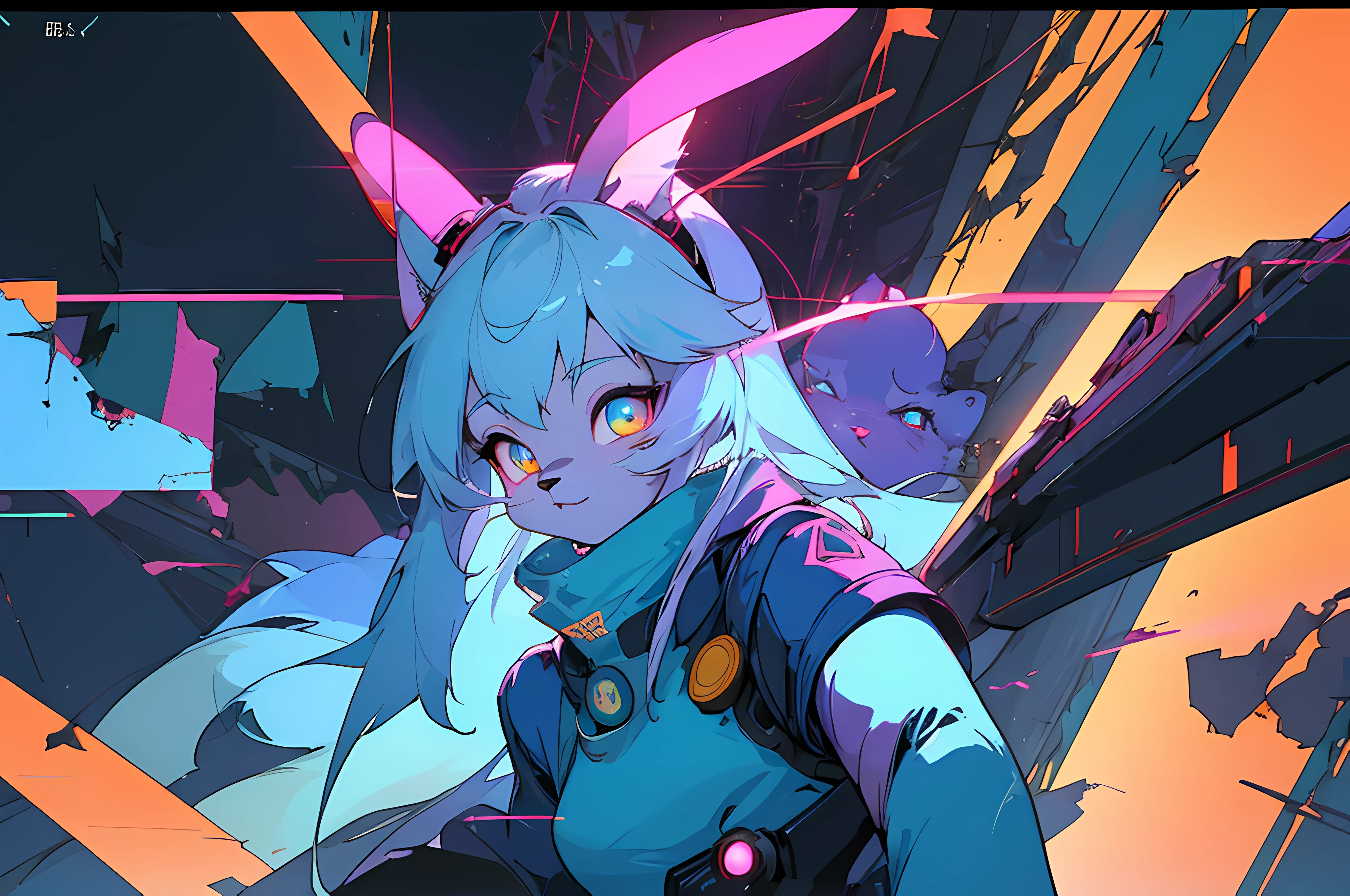 (vintage vhs), (crt screenshot), (Zen, Amy Sol style), (((cathedral shootout spacewalk))), (((blue anthro kemono furry rabbit exploring old ruins))), (((underground cavern shining flashlight in old ruins))), anime rabbit character with futuristic hair and glowing eyes exploring old ruins, anime art, anime aesthetic, (((old ruins in background cel art))), kemono anime space cadet rabbit girl, wearing cybernetic bunny ears --v6