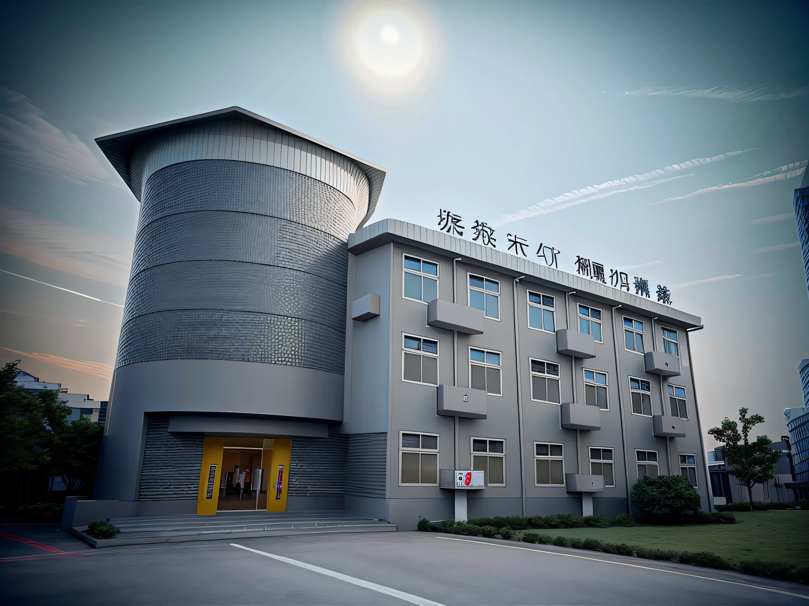 Color premium gray，There is a building，There are a lot of windows，There is a sign on it, Office building, introduction factory photo, Office, full building, jinyiwei, allure, ruanjia, nanquan, research center, building facing, central image, Strong book high-end - end, high end, modern technology building,