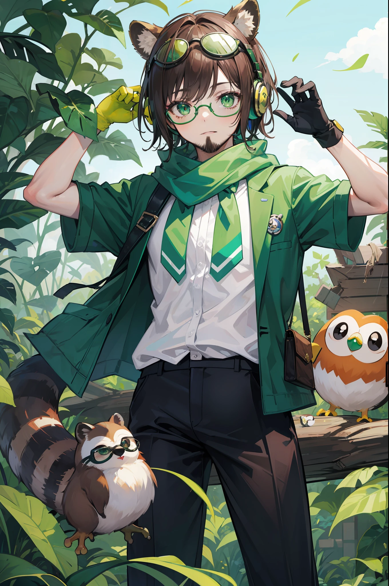 1boy,brown_hair,camouflage,coke-bottle_glasses,cosplay,eyewear_on_head,facial_hair,frog,full_body,glasses,gloves,goggles,green-framed_eyewear,green_bikini,green_bow,green_bowtie,green_eyes,green_gloves,green_headwear,green_neckwear,green_ribbon,green_scarf,headphones_around_neck,labcoat,leaf,leaf_on_head,male_focus,parody,raccoon_ears,raccoon_tail,solo,sunglasses,tanuki,transparent_background,futatsuiwa_mamizou,luigi,rowlet